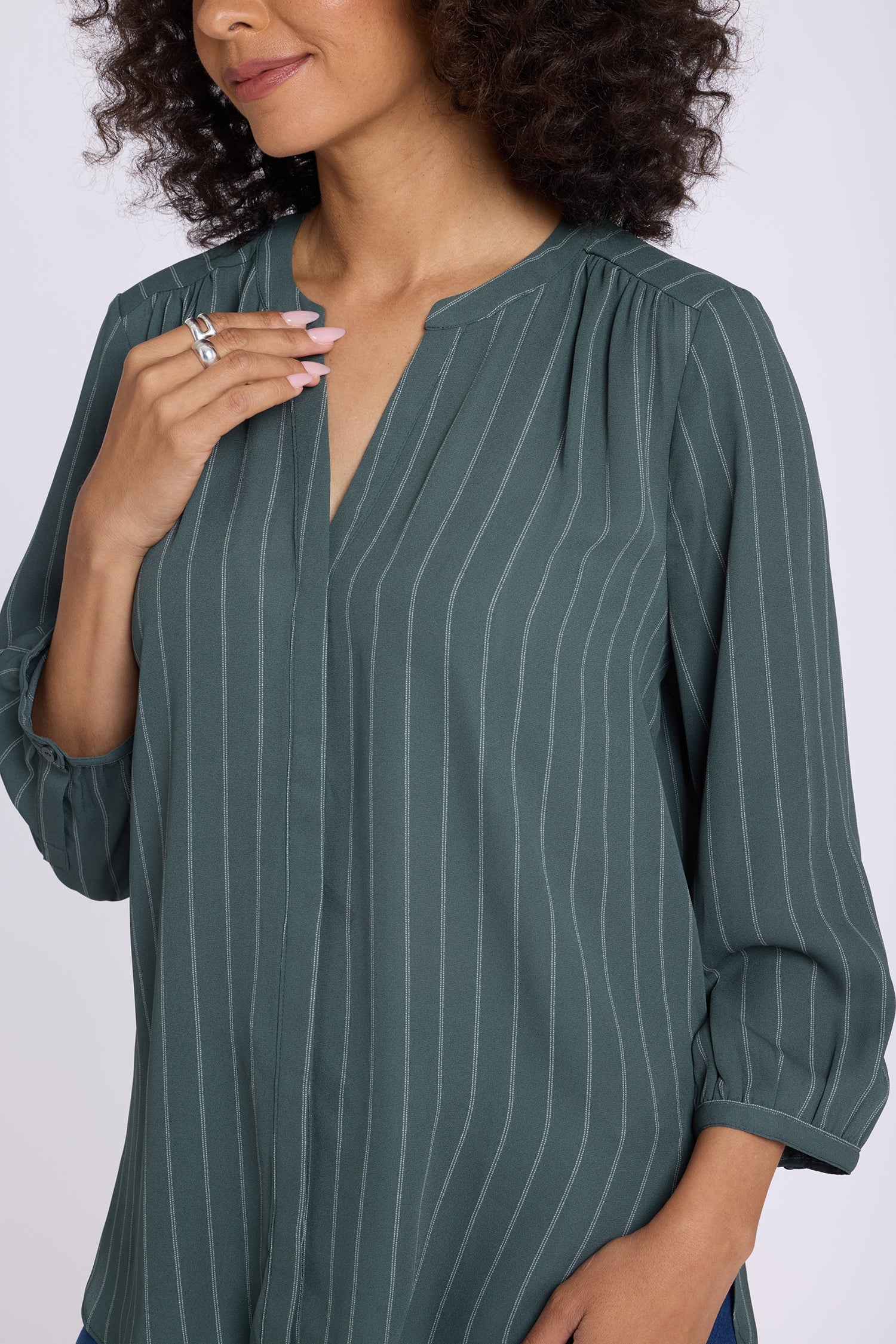 NYDJ Pintuck Blouse  - Blurred Stripe Olive