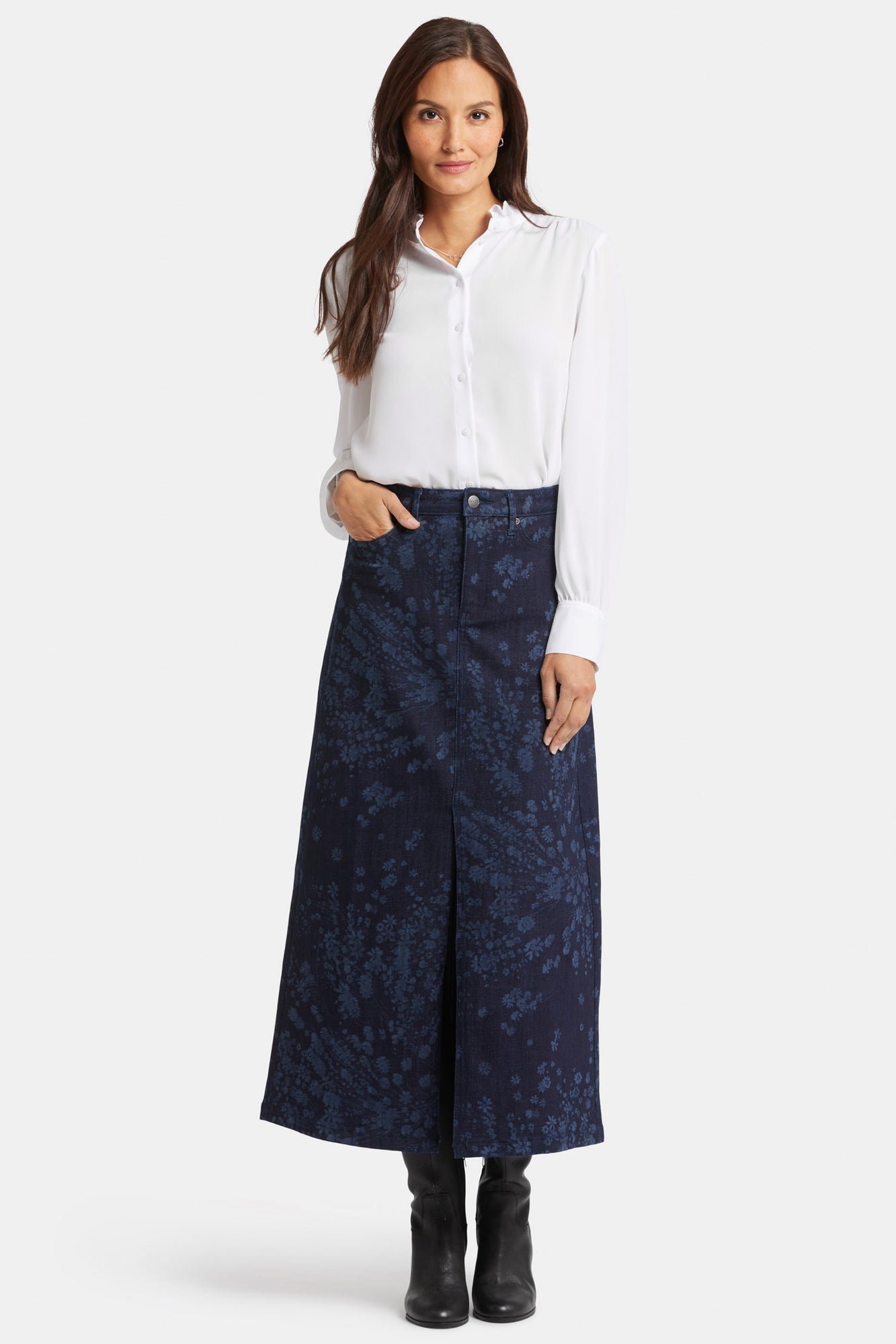 NYDJ High Rise Long Skirt With Center Front Slit - Dark Indigo Salome