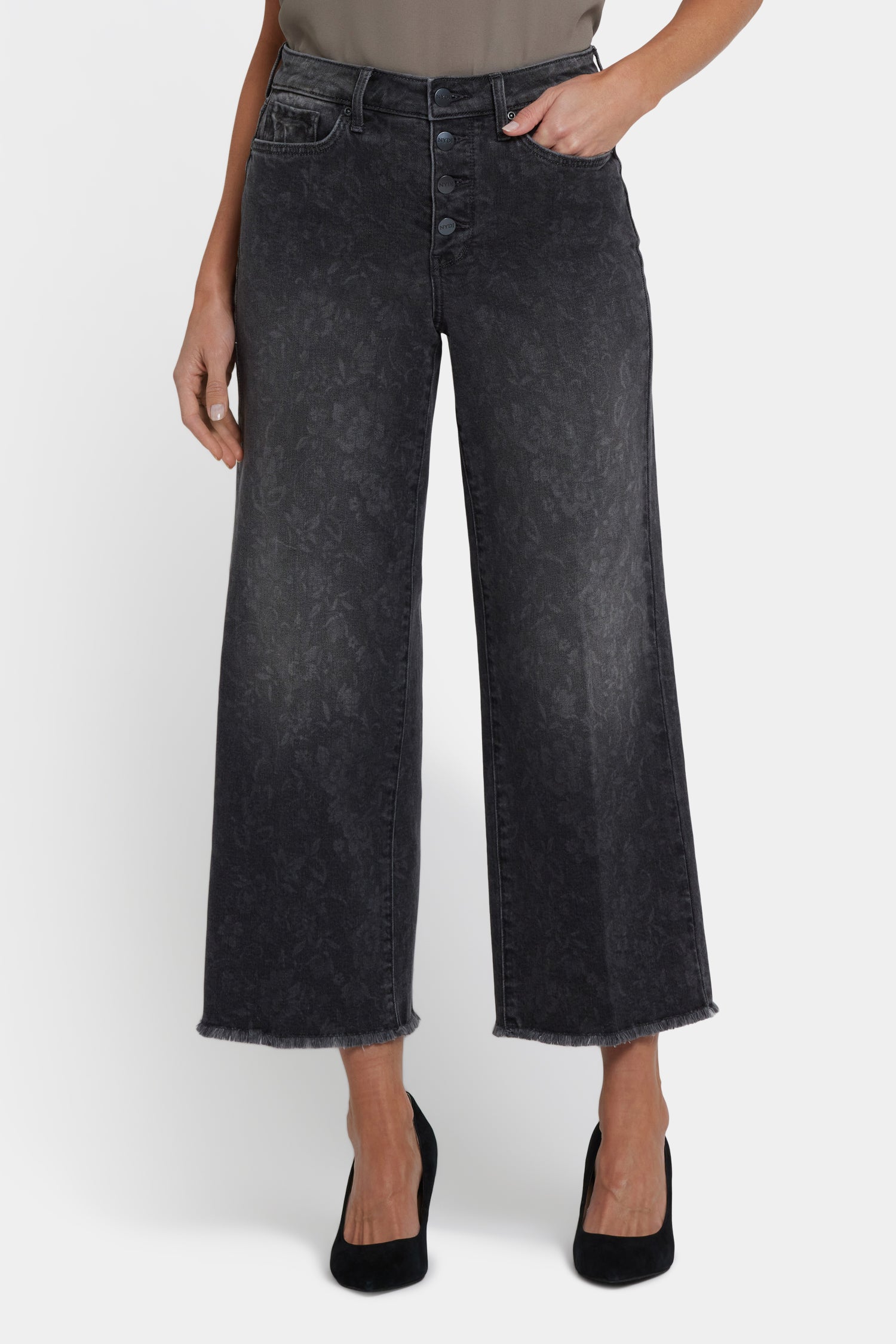 NYDJ Teresa Wide Leg Ankle Jeans With High Rise And Frayed Hems - Grey Province