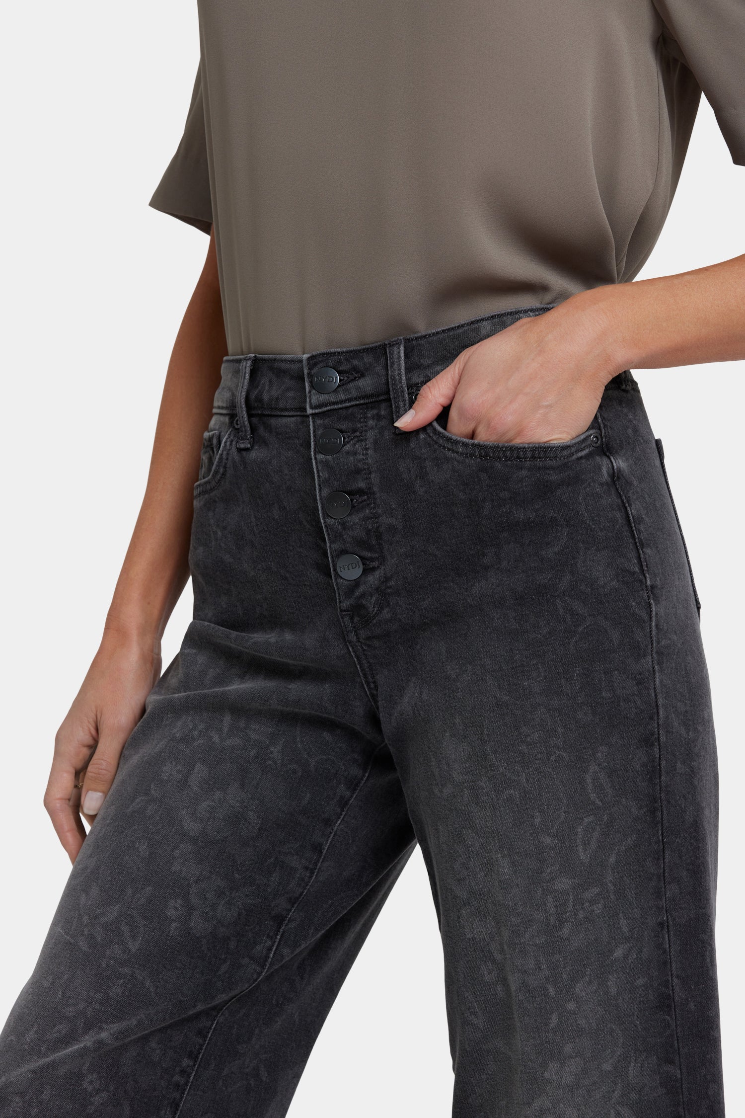 NYDJ Teresa Wide Leg Ankle Jeans With High Rise And Frayed Hems - Grey Province