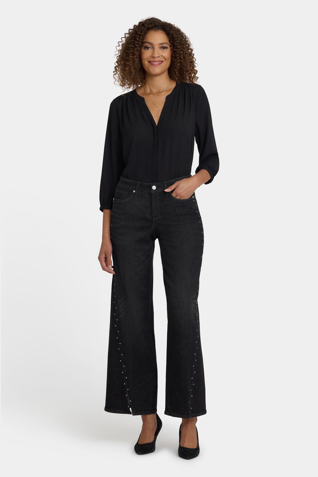 NYDJ Teresa Wide Leg Jeans With Rhinestones, Front Slits And 31