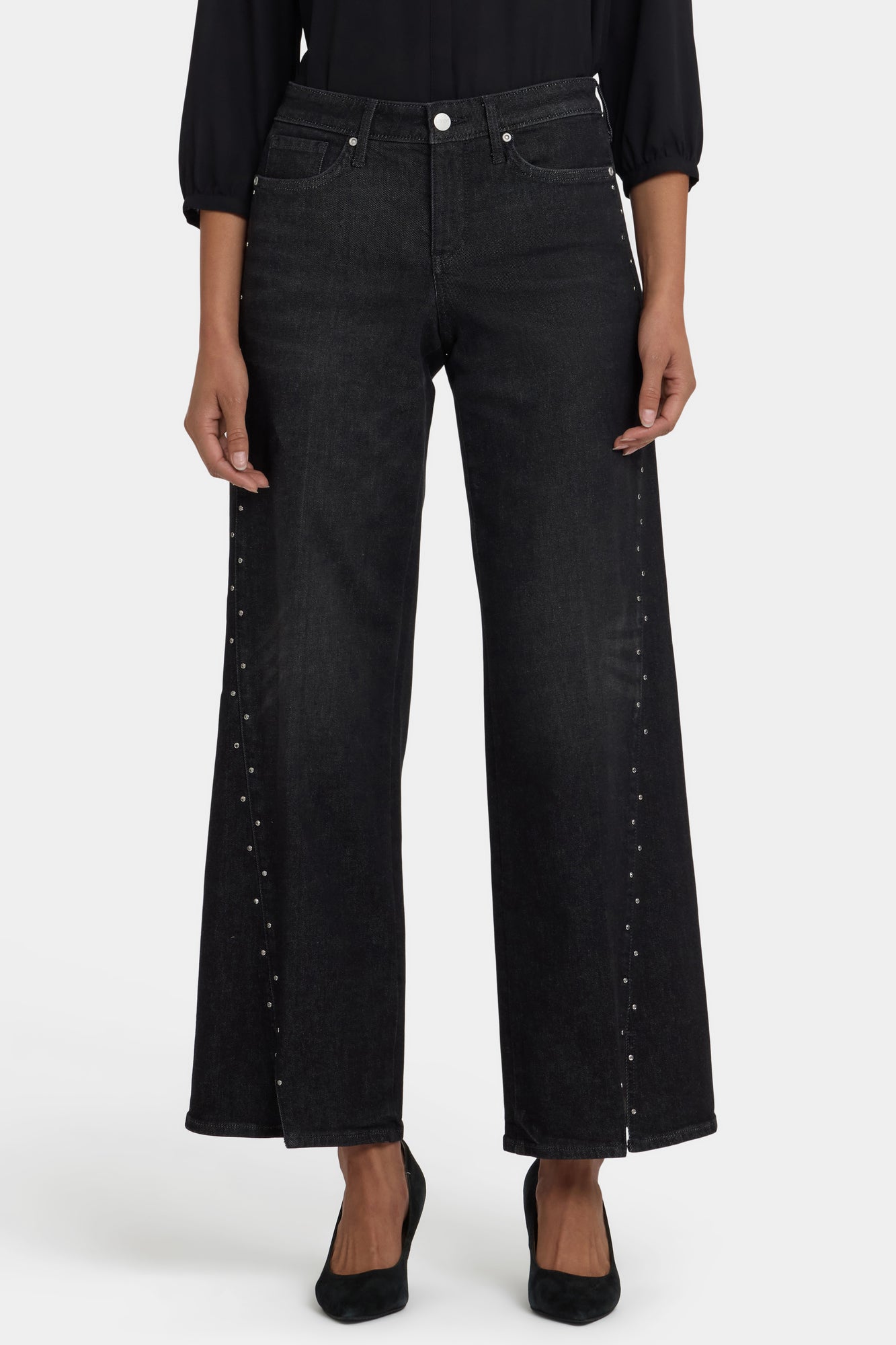 NYDJ Teresa Wide Leg Jeans With Rhinestones, Front Slits And 31