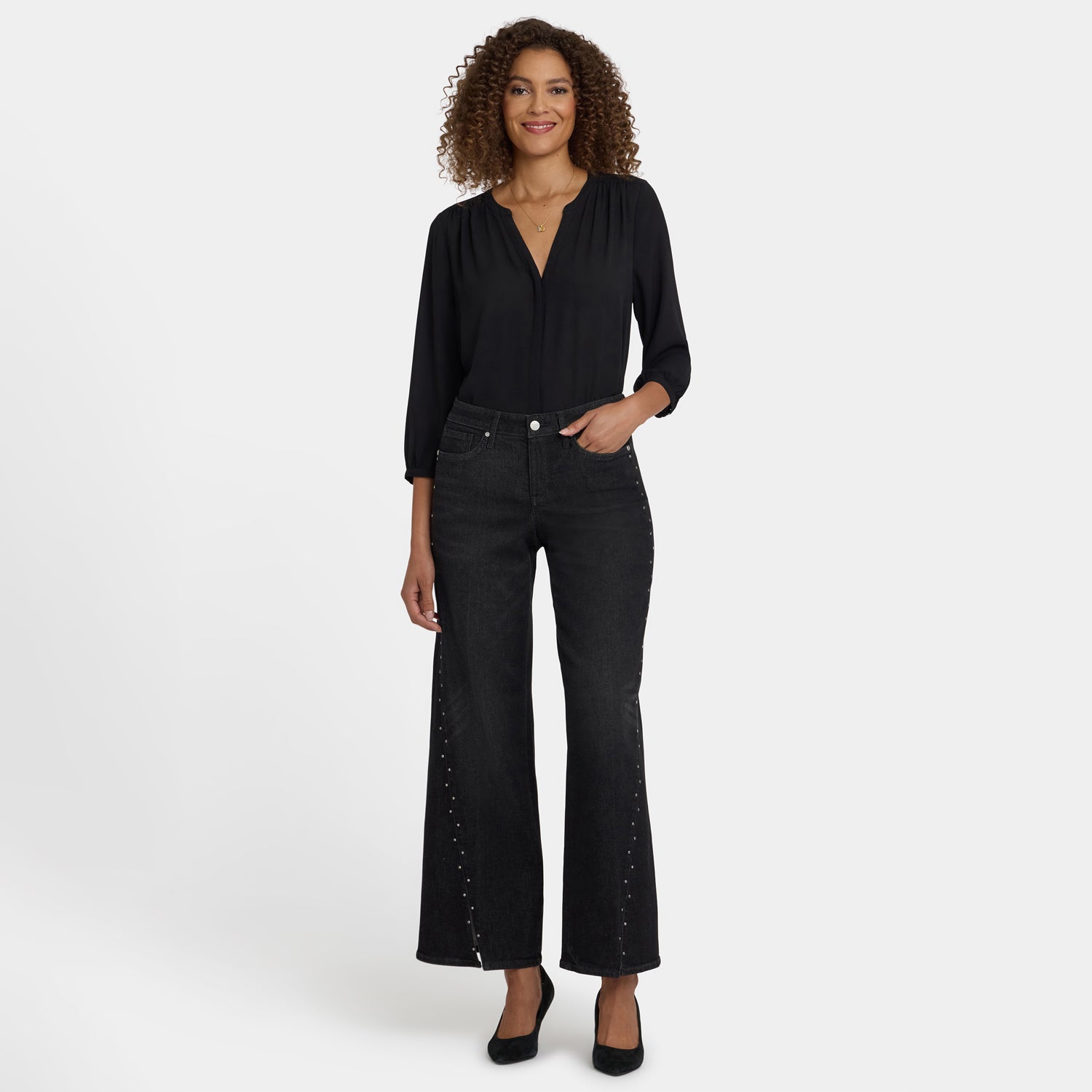 Teresa Wide Leg Jeans With Rhinestones, Front Slits And 31