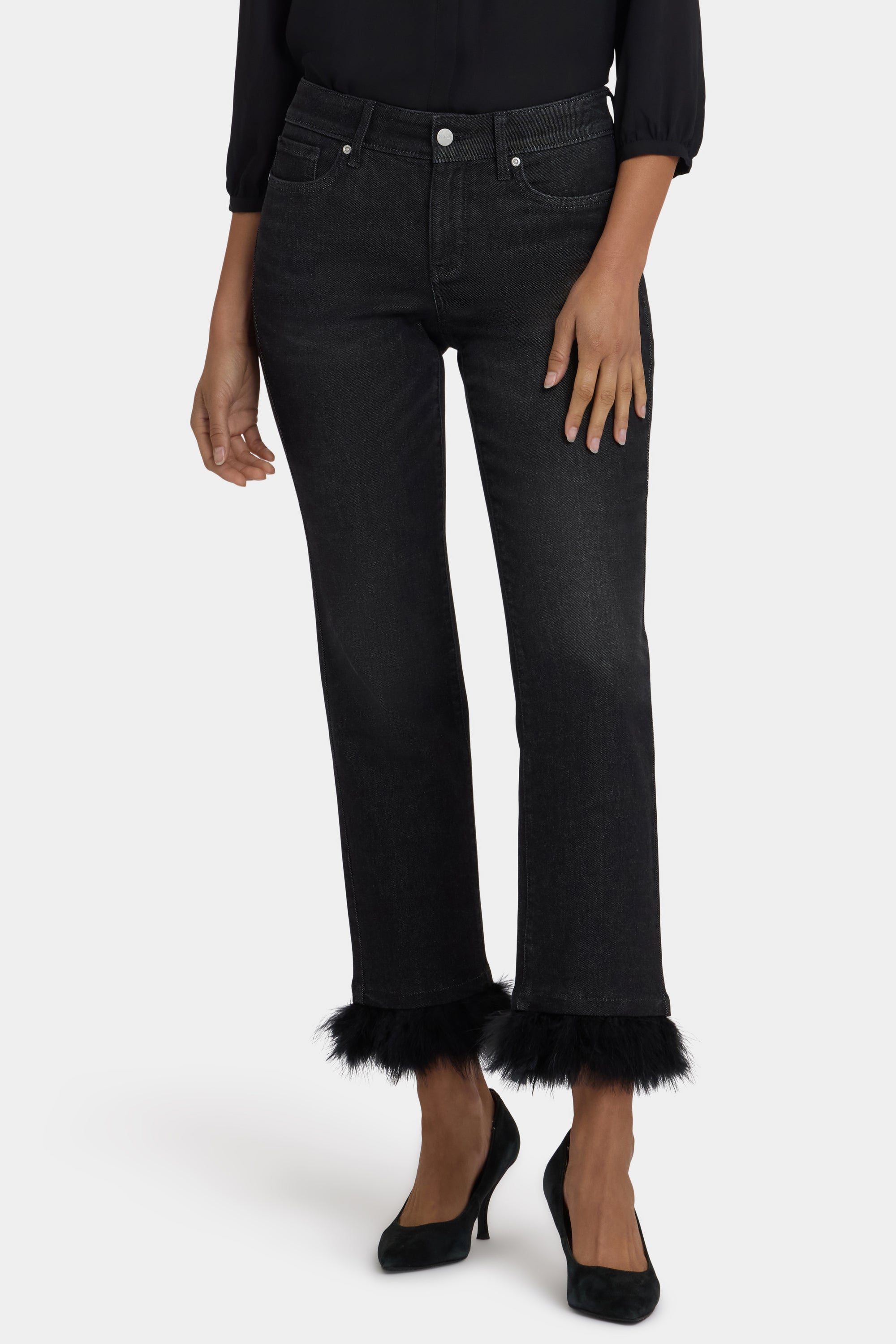 NYDJ Marilyn Straight Ankle Jeans With Detachable Feather Trim - French Nightfall