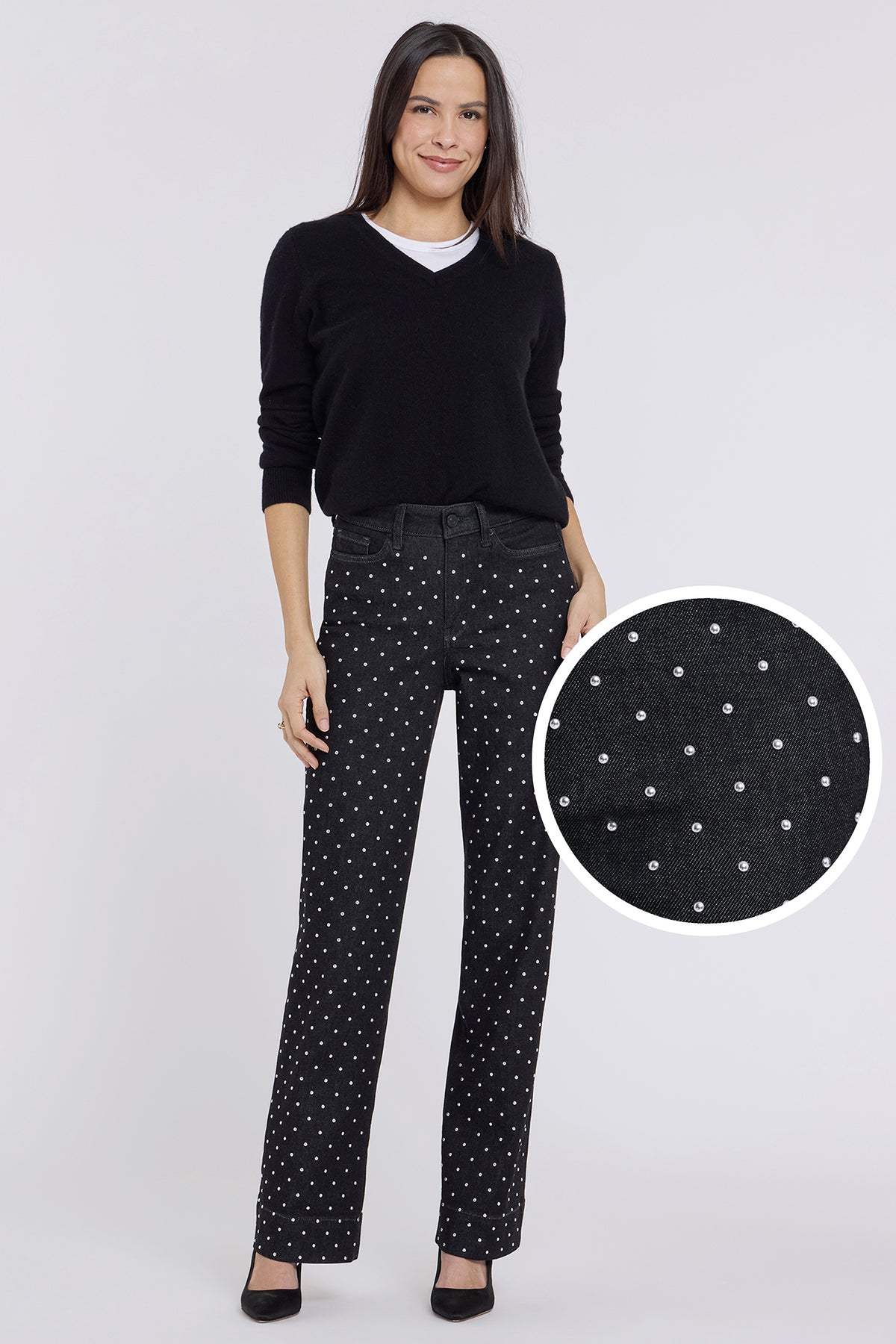 NYDJ Marilyn Straight Jeans With High Rise, Studs And 31" Inseam - Black Rinse