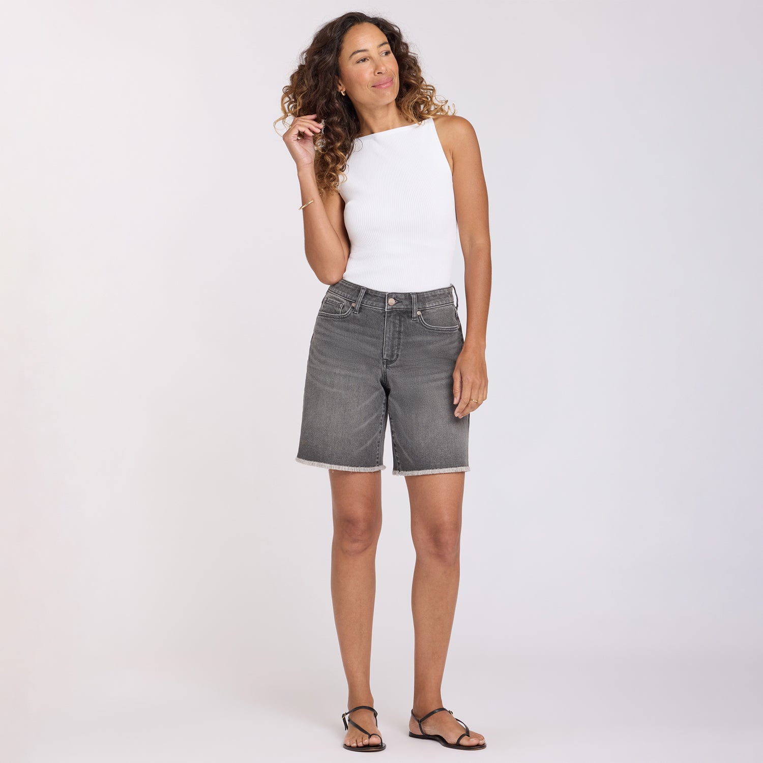 Naomi Relaxed A-Line Denim Shorts With Criss-Cross Belt Loop, Side