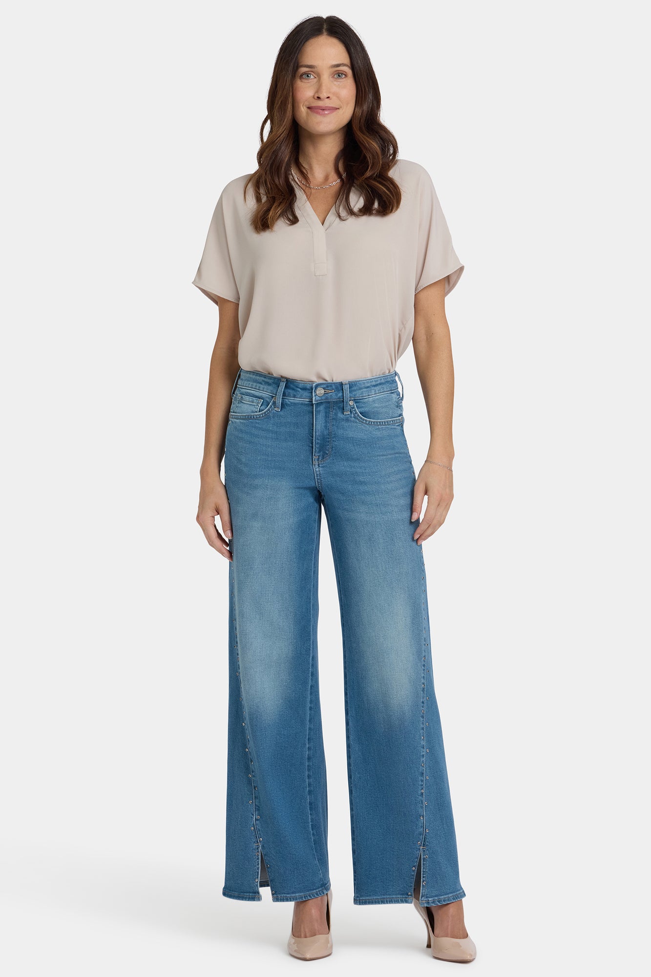 NYDJ Teresa Wide Leg Jeans With Rhinestones, Front Slits And 31