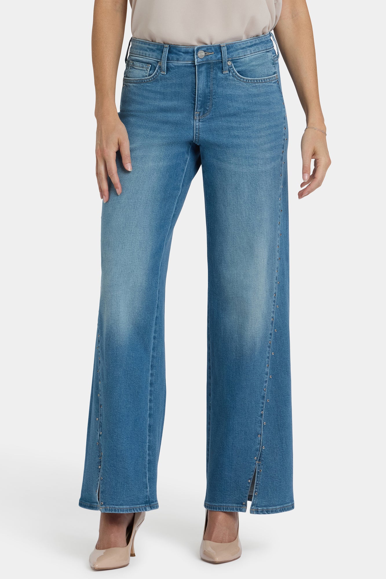 NYDJ Teresa Wide Leg Jeans With Rhinestones, Front Slits And 31