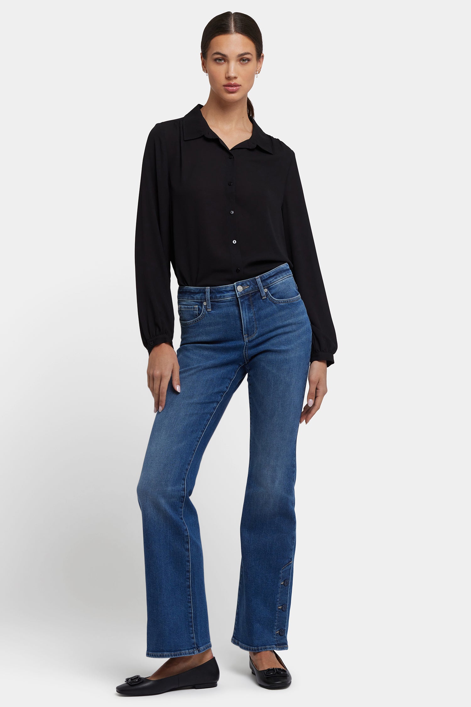 Ava Flared Jeans With Side Button Plackets - Lake Notre-Dame Blue