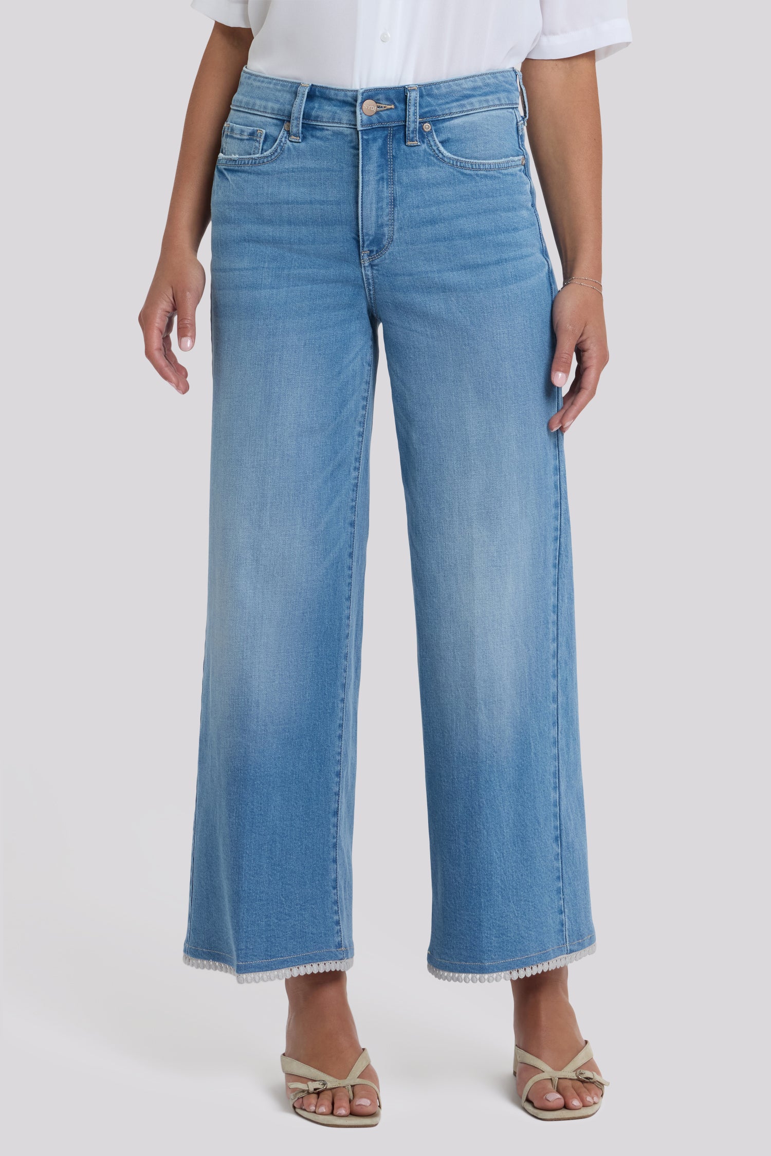 Brodi Wide Leg Ankle Jeans With High Rise And Crochet Trim Hems