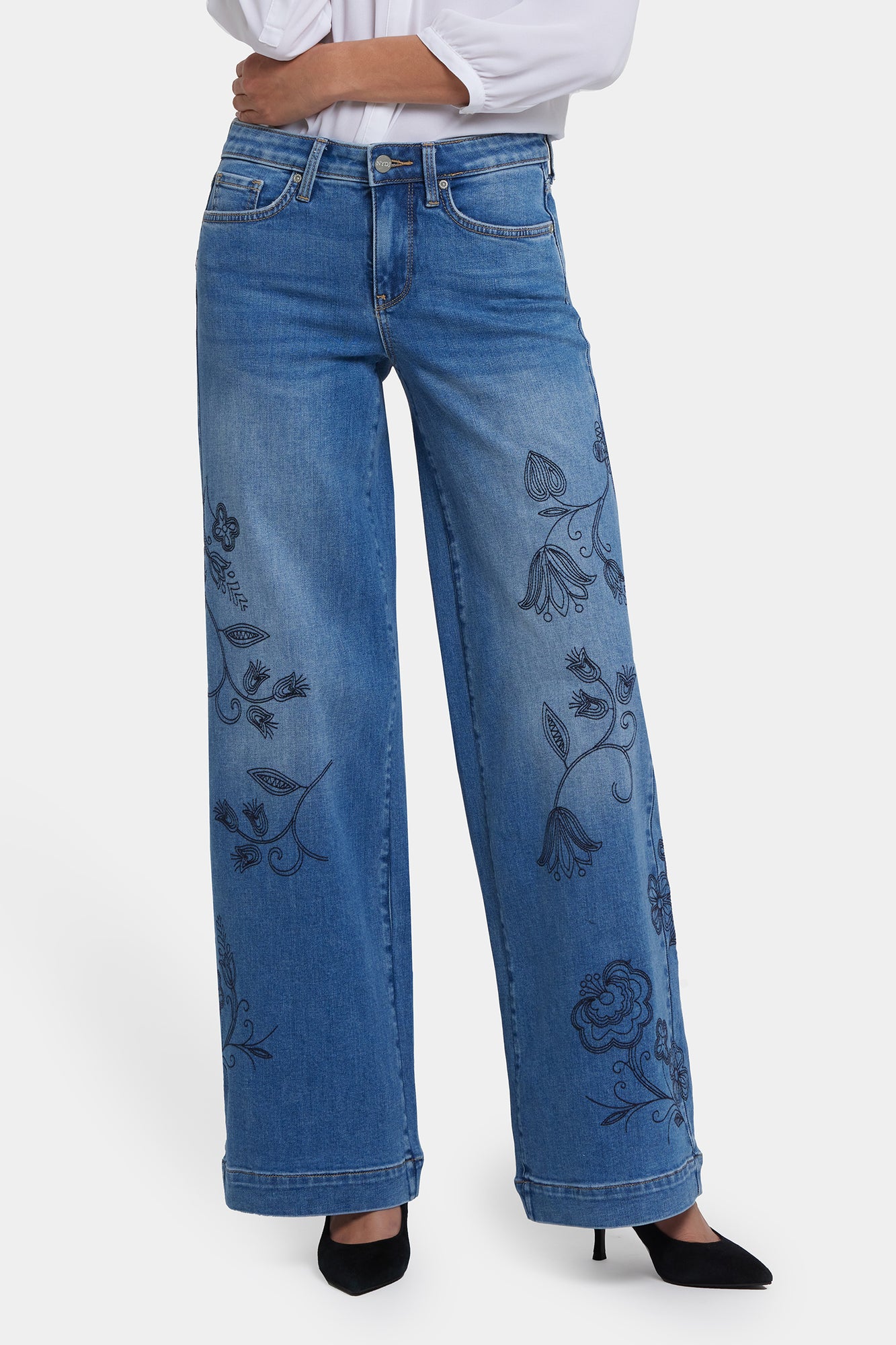 NYDJ Teresa Wide Leg Jeans With Embroidery - Water Canyon