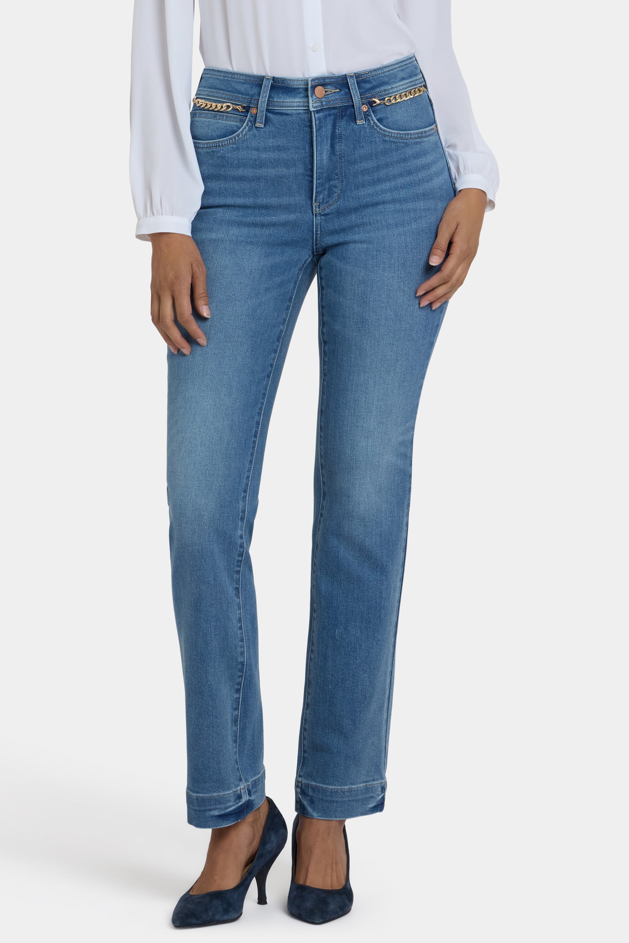 NYDJ Marilyn Straight Jeans With High Rise, Gold Chains And 31