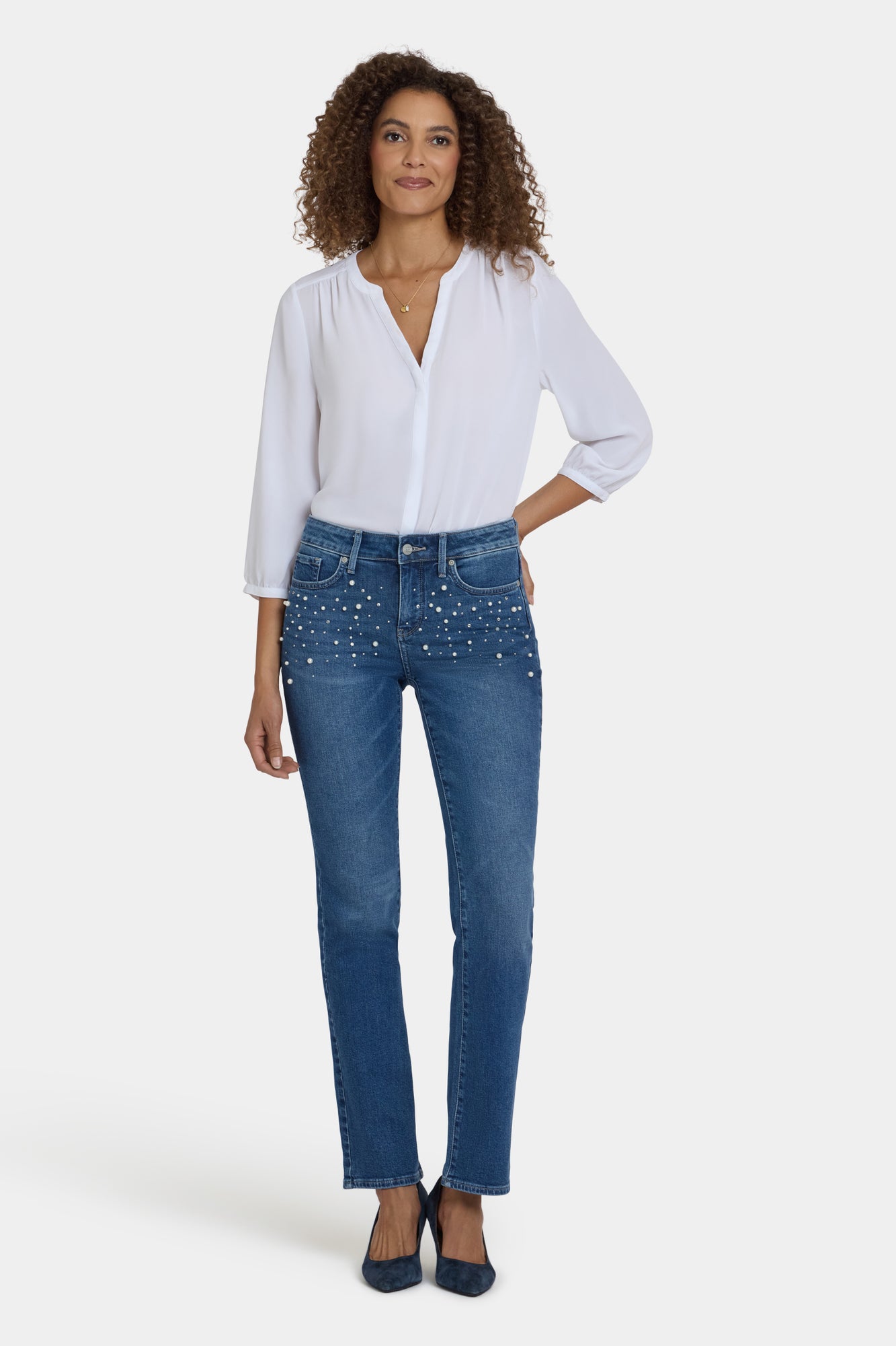 NYDJ Marilyn Straight Jeans With Faux Pearls And Rhinestones - Lake Notre-Dame