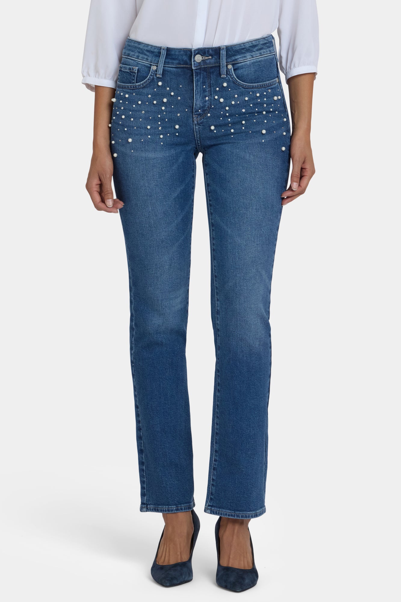 NYDJ Marilyn Straight Jeans With Faux Pearls And Rhinestones - Lake Notre-Dame