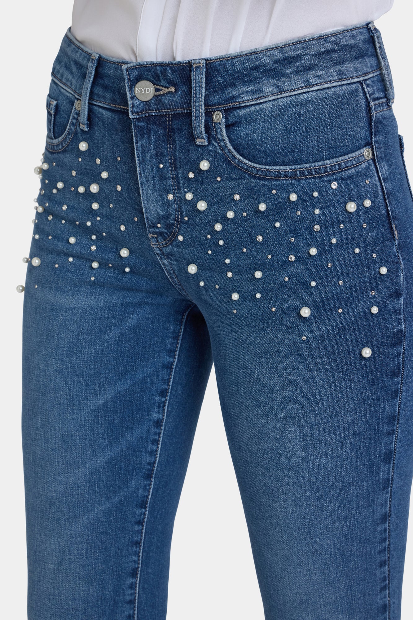 NYDJ Marilyn Straight Jeans With Faux Pearls And Rhinestones - Lake Notre-Dame