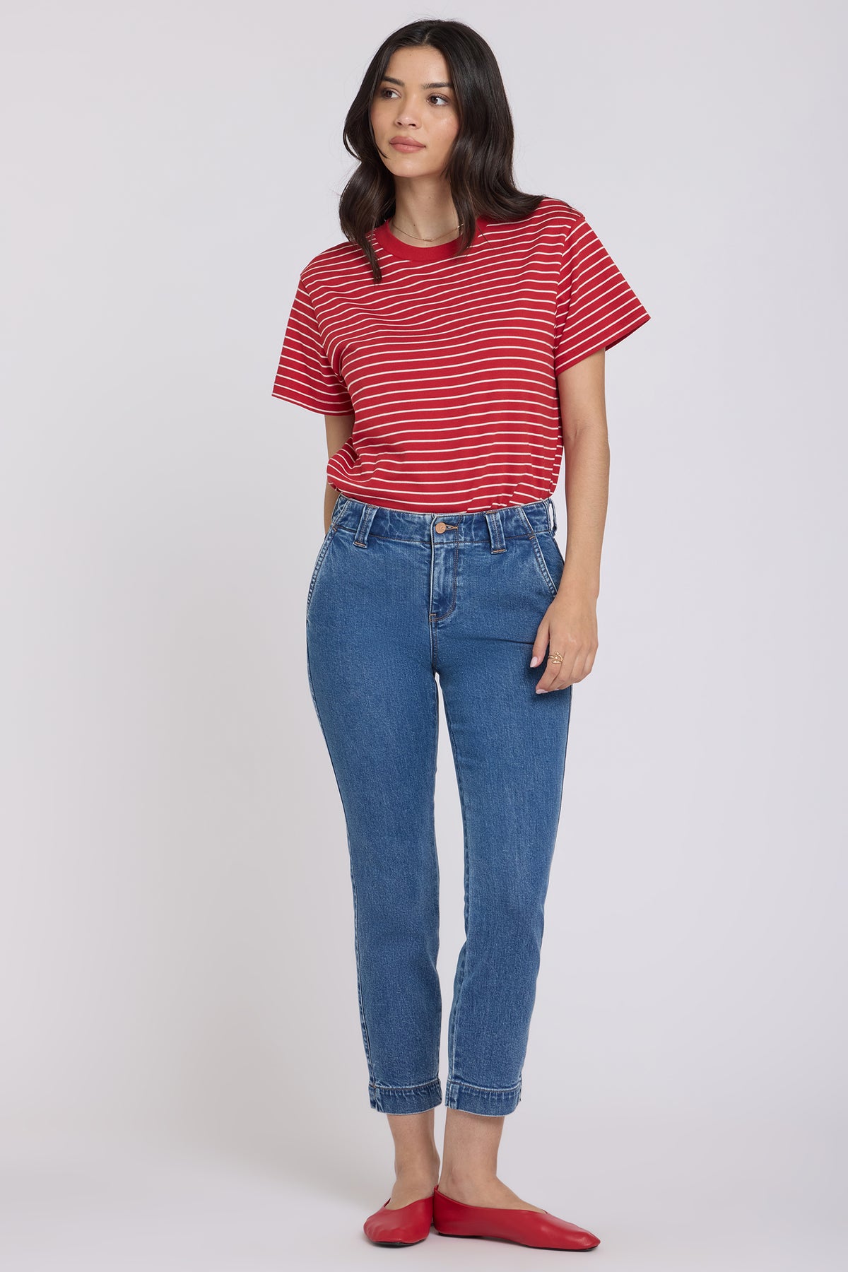 Medium Indigo Sheri Slim Straight Ankle Jeans - Full Front View On Model | NYDJ Apparel
