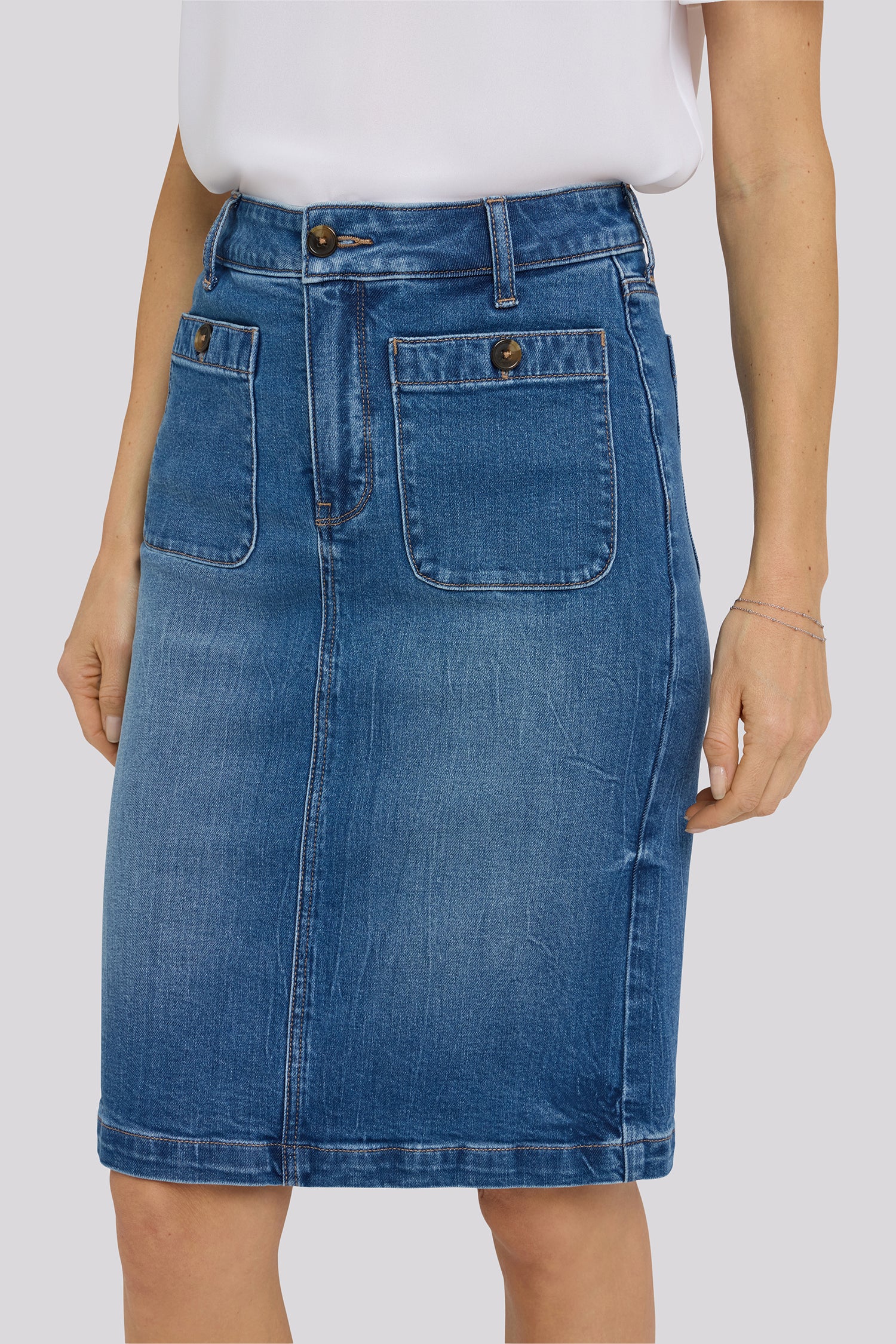High Rise Denim Skirt With Rounded Patch Pockets - Wild River Blue