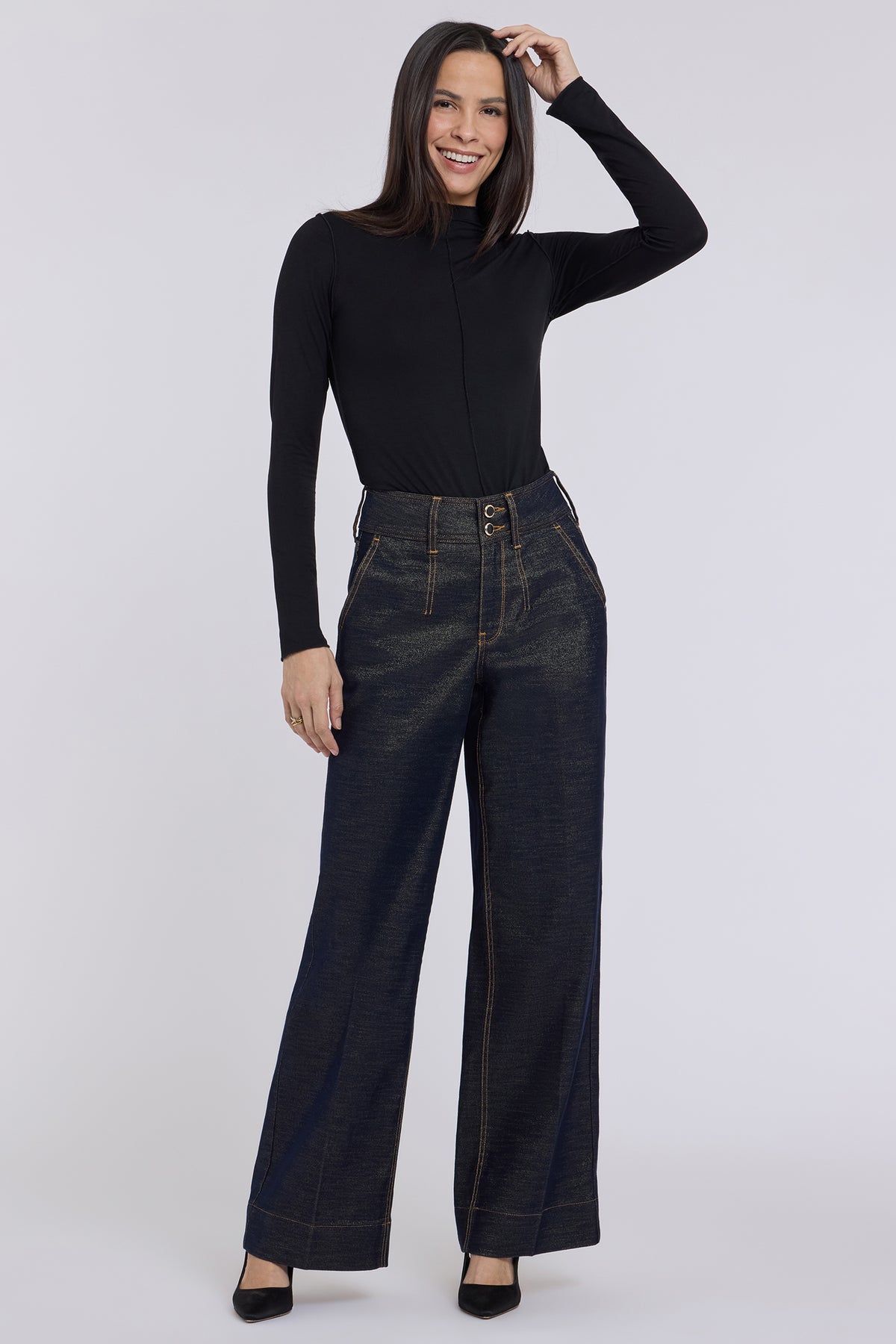 NYDJ Teresa Wide Leg Jeans With High Rise, Double-Button Waistband And Front Darts - Gold Rinse