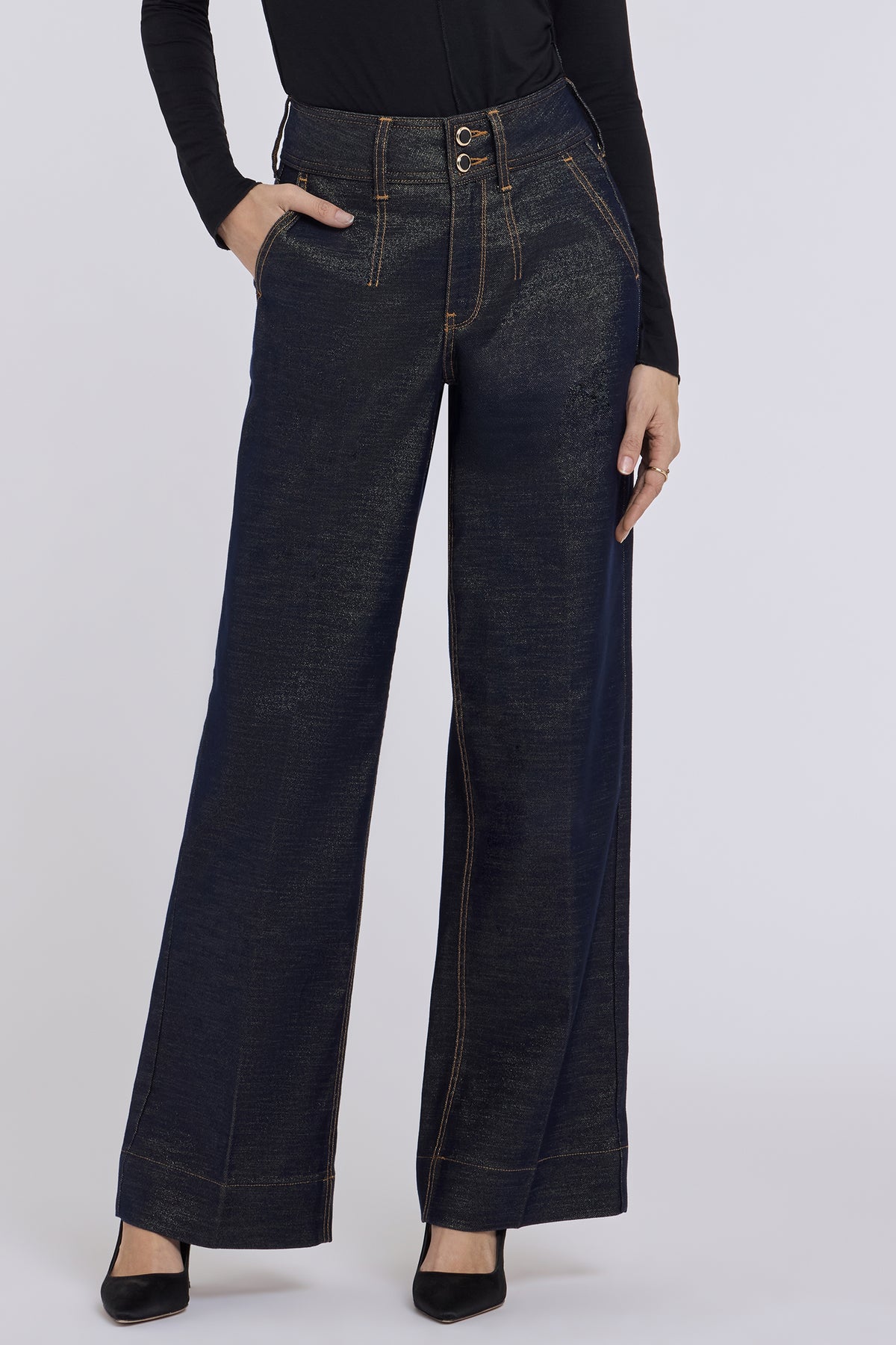 NYDJ Teresa Wide Leg Jeans With High Rise, Double-Button Waistband And Front Darts - Gold Rinse