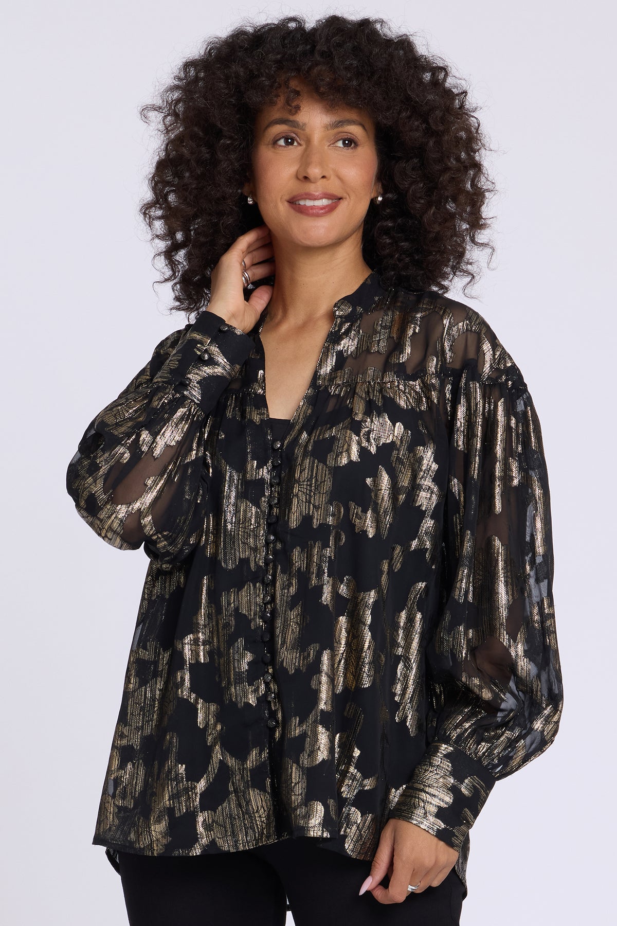 NYDJ Anika Blouse In Metallic Jacquard Chiffon - Black Gold