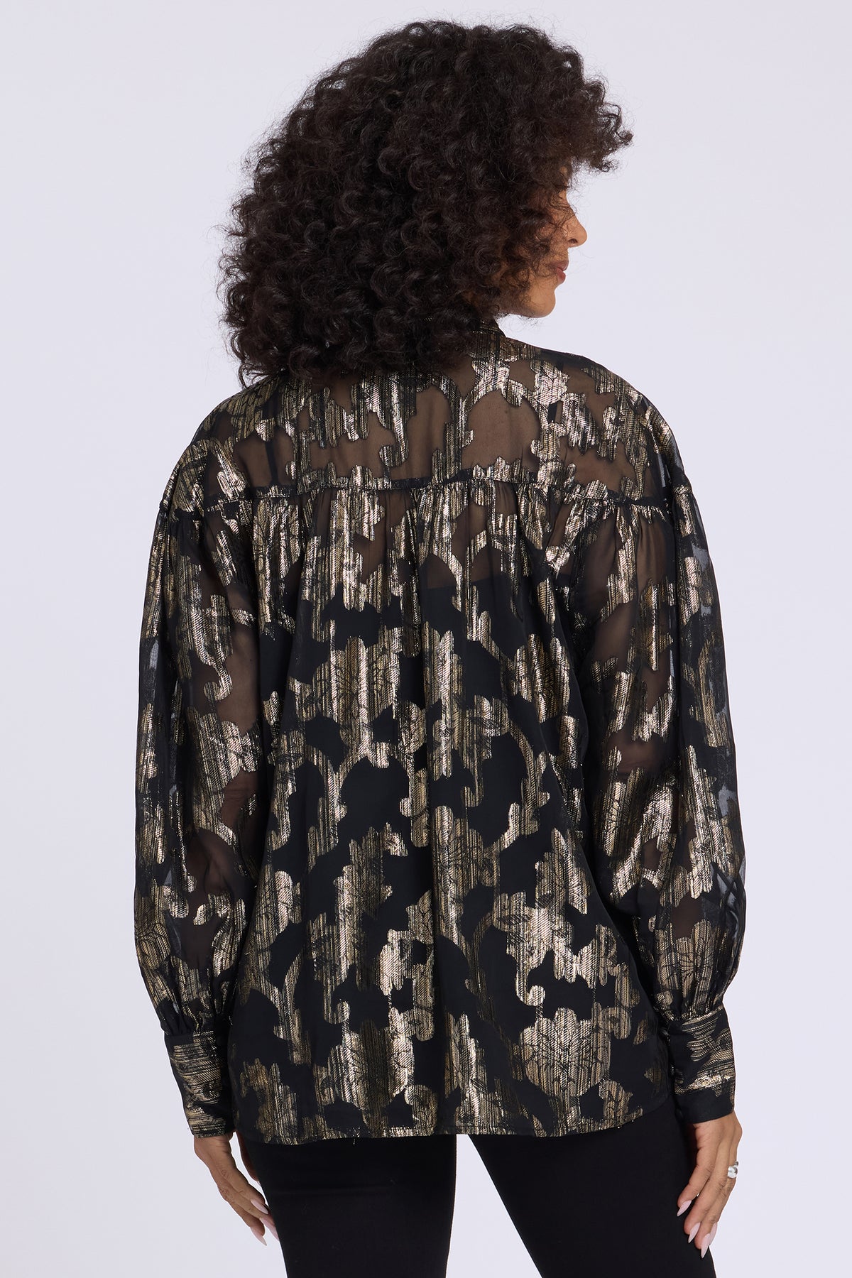 NYDJ Anika Blouse In Metallic Jacquard Chiffon - Black Gold