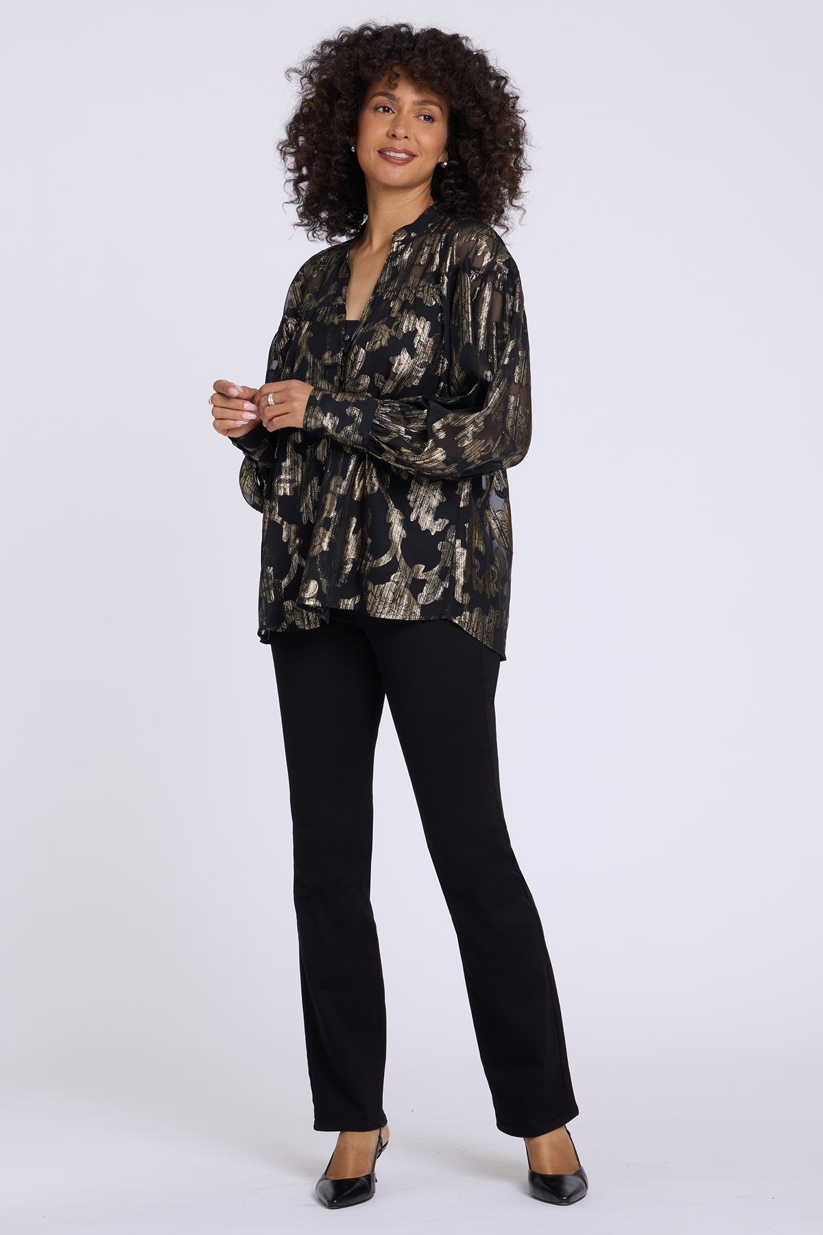 NYDJ Anika Blouse In Metallic Jacquard Chiffon - Black Gold