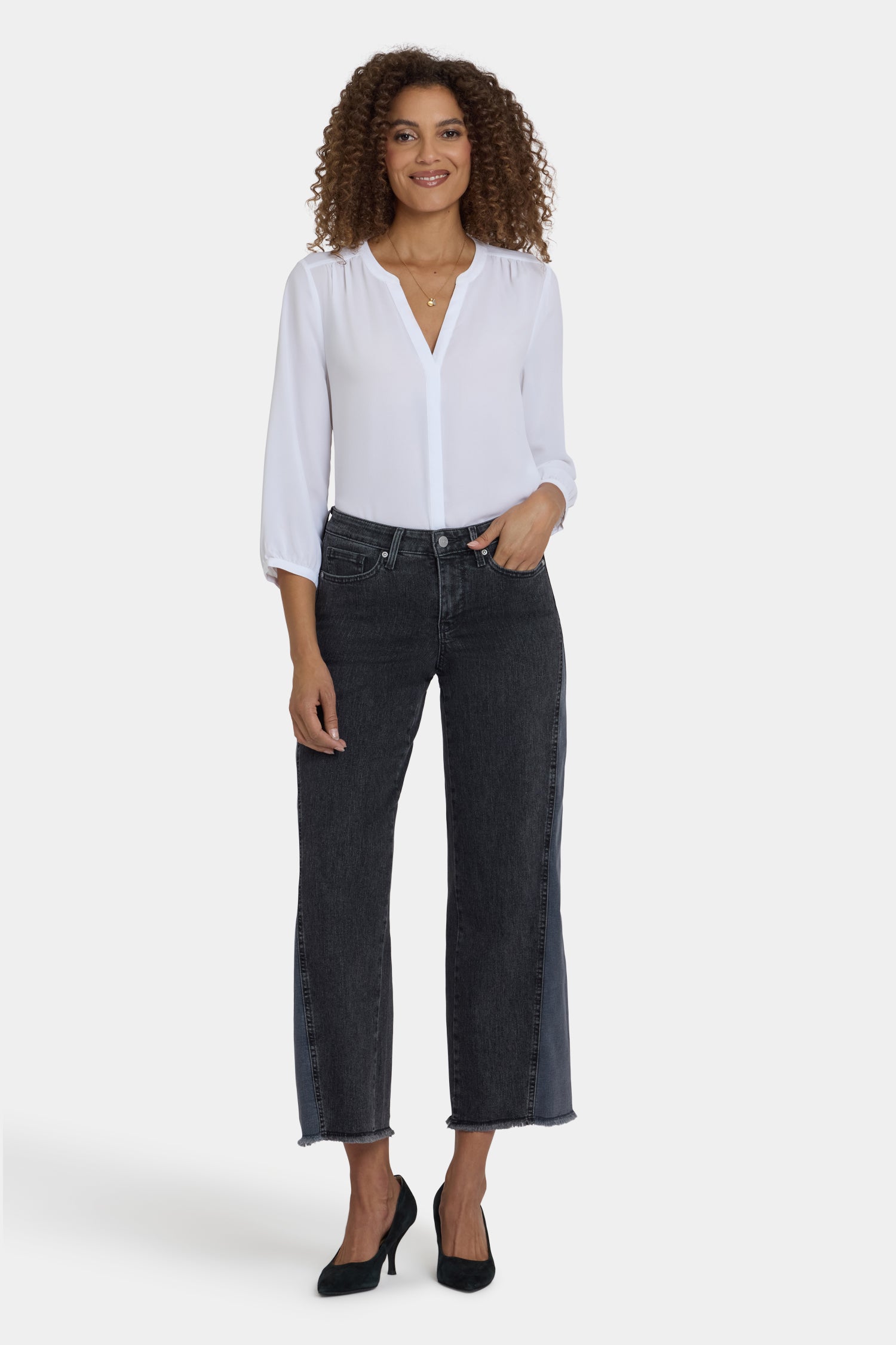 NYDJ Teresa Wide Leg Jeans With Contrast Side Panels, Frayed Hems And 29