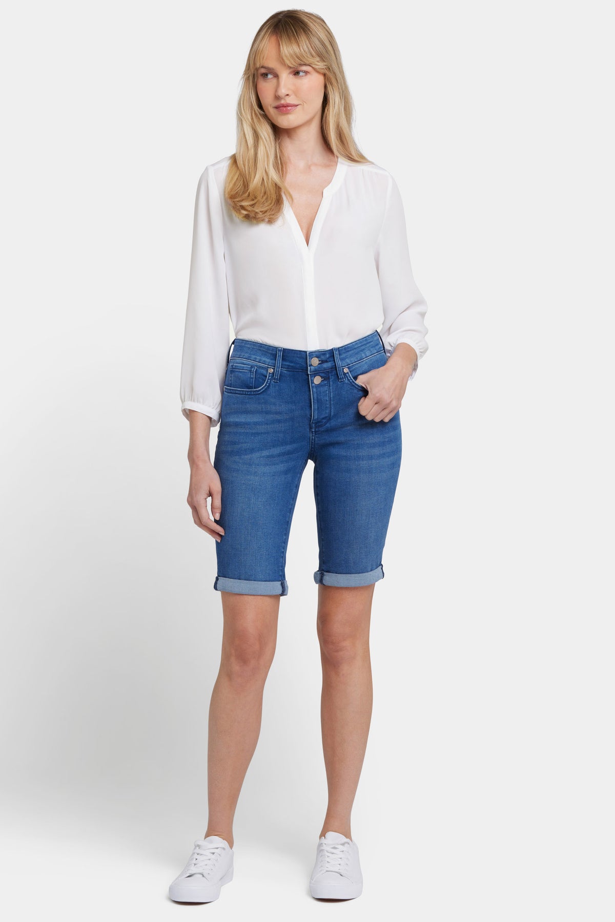NYDJ Briella 11 Inch Denim Shorts With Double-Button Waistband And Roll Cuffs - Nevin