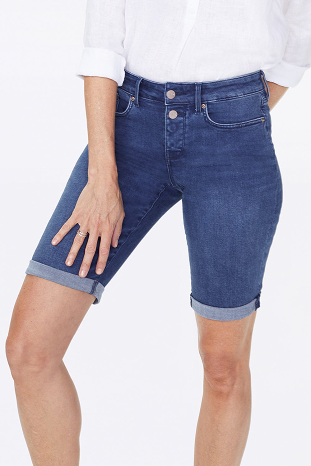 NYDJ Briella 11 Inch Denim Shorts With Double-Button Waistband And Roll Cuffs - Nevin