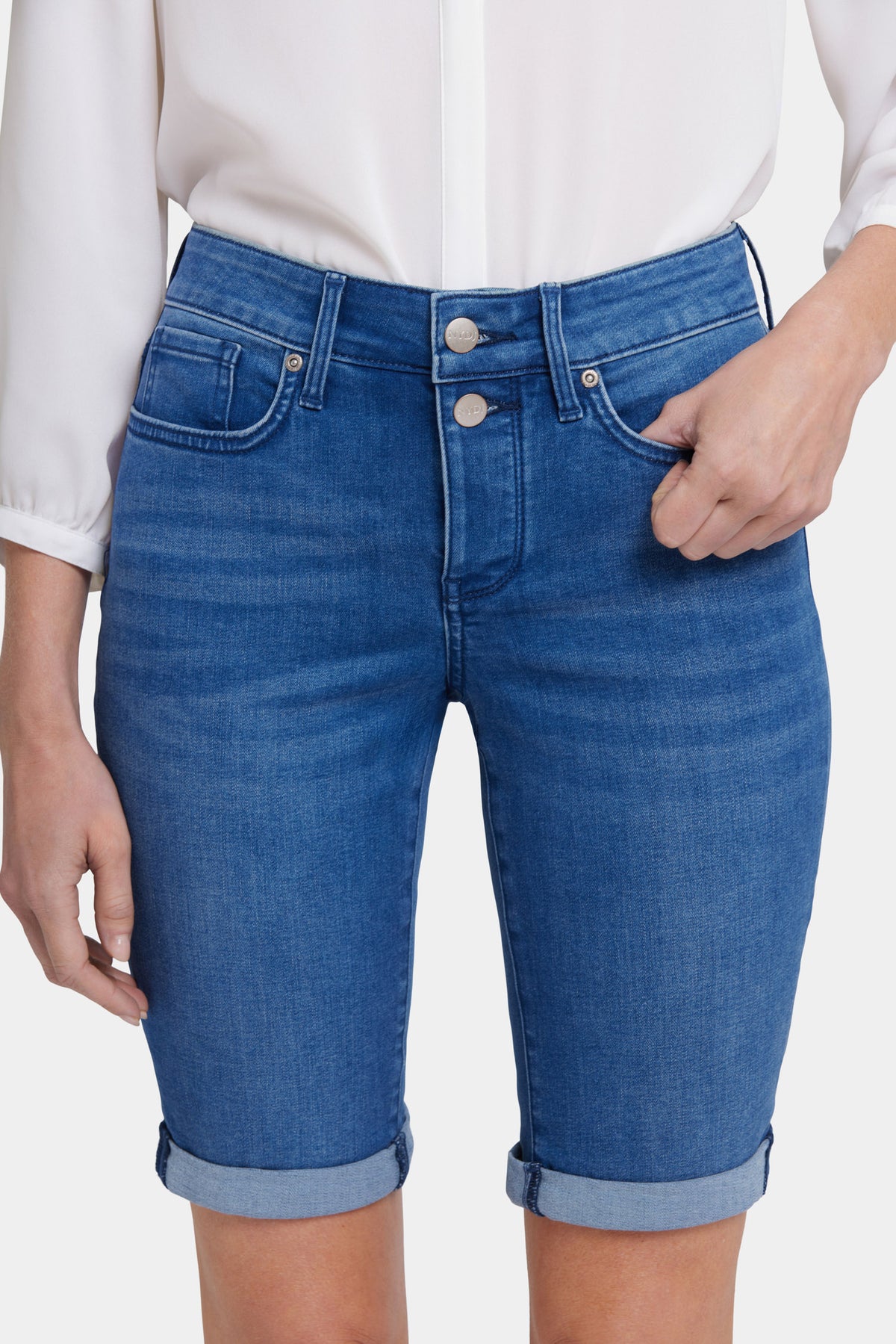 NYDJ Briella 11 Inch Denim Shorts With Double-Button Waistband And Roll Cuffs - Nevin
