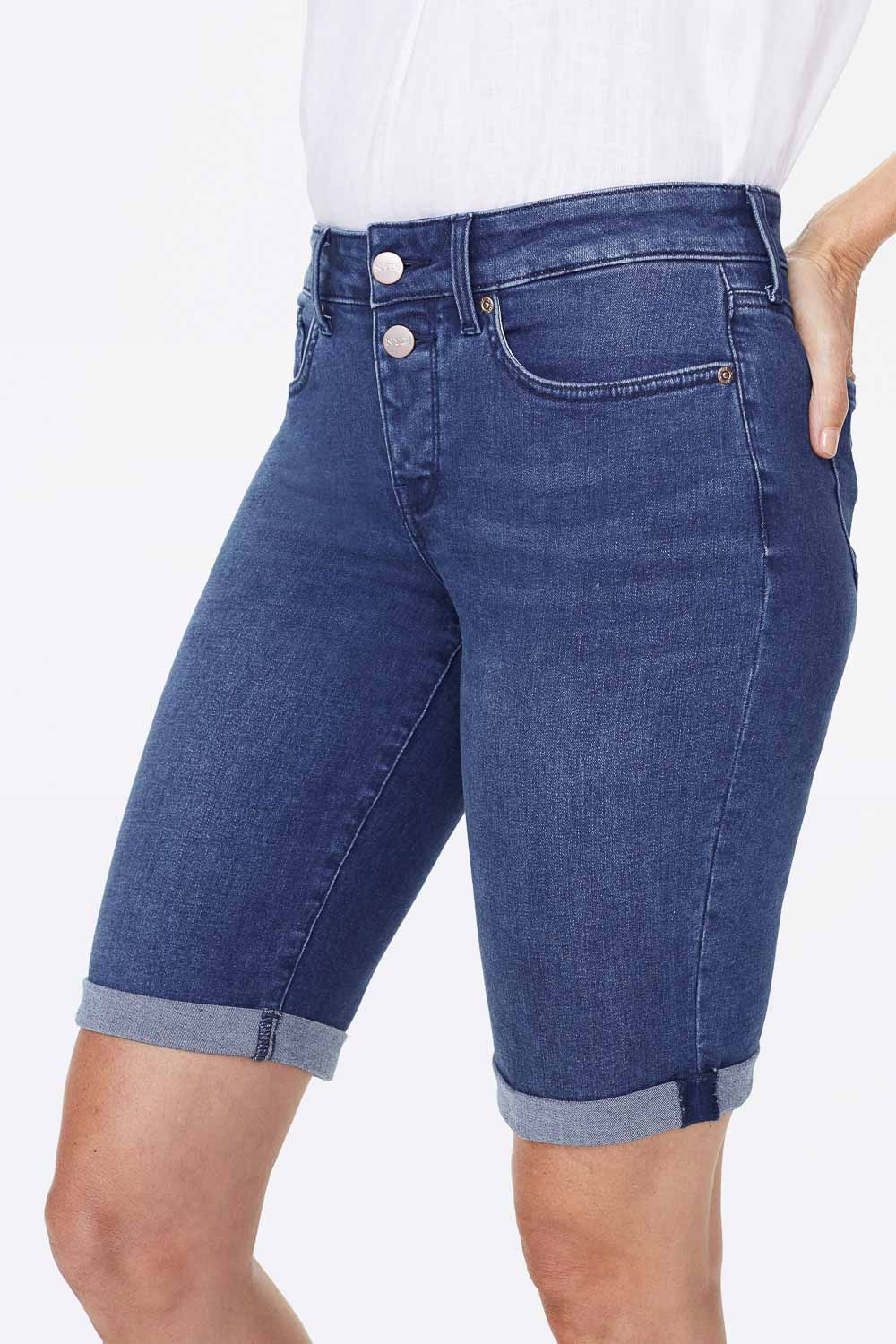 NYDJ Briella 11 Inch Denim Shorts With Double-Button Waistband And Roll Cuffs - Nevin