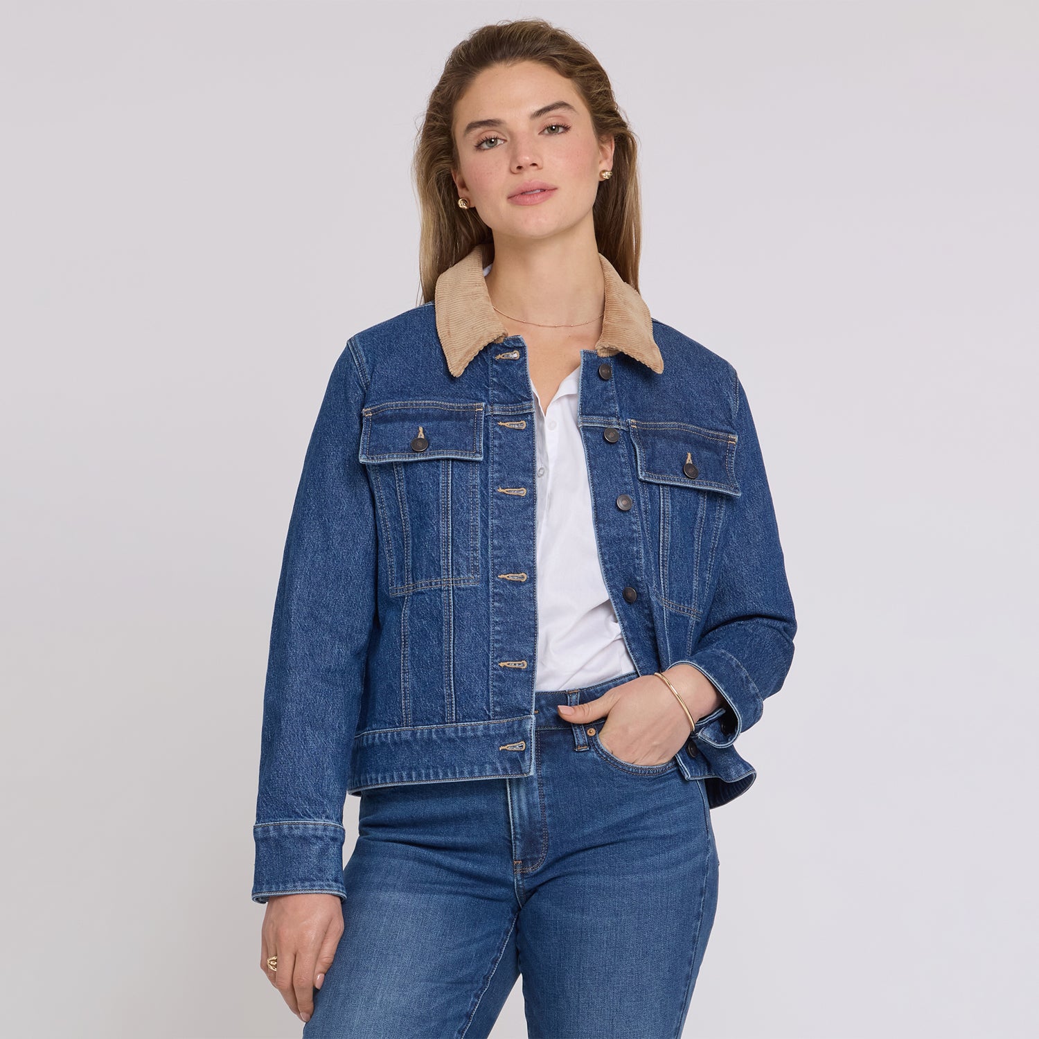 Denim Jacket With Corduroy Collar - Sea Holly Blue | NYDJ