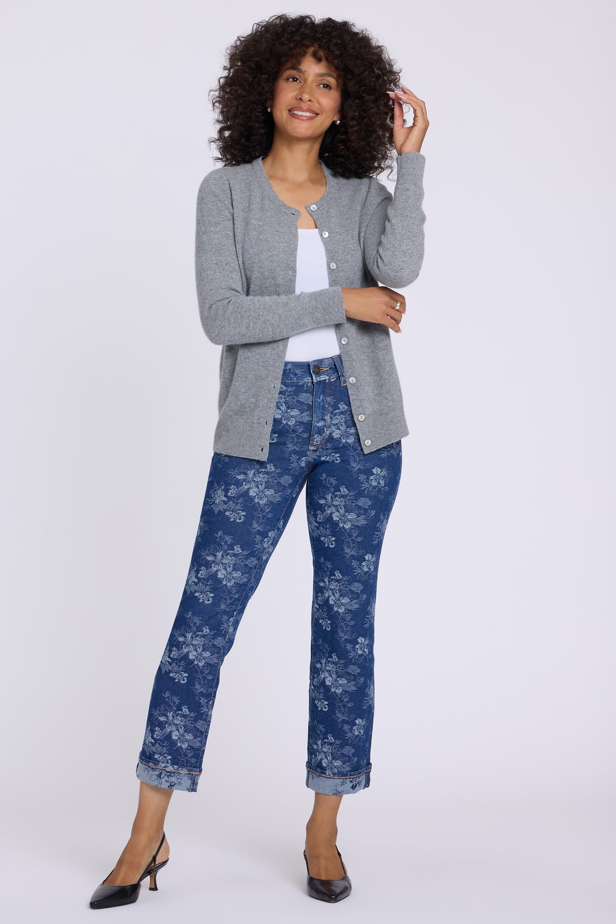 NYDJ Marilyn Straight Ankle Jeans With Cuffs - Floral Jacquard Indigo