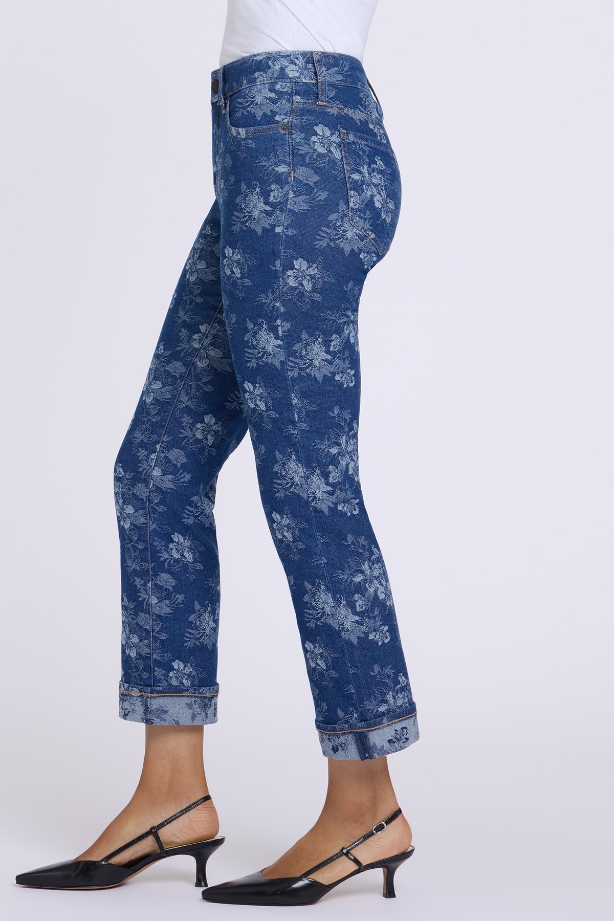 NYDJ Marilyn Straight Ankle Jeans With Cuffs - Floral Jacquard Indigo