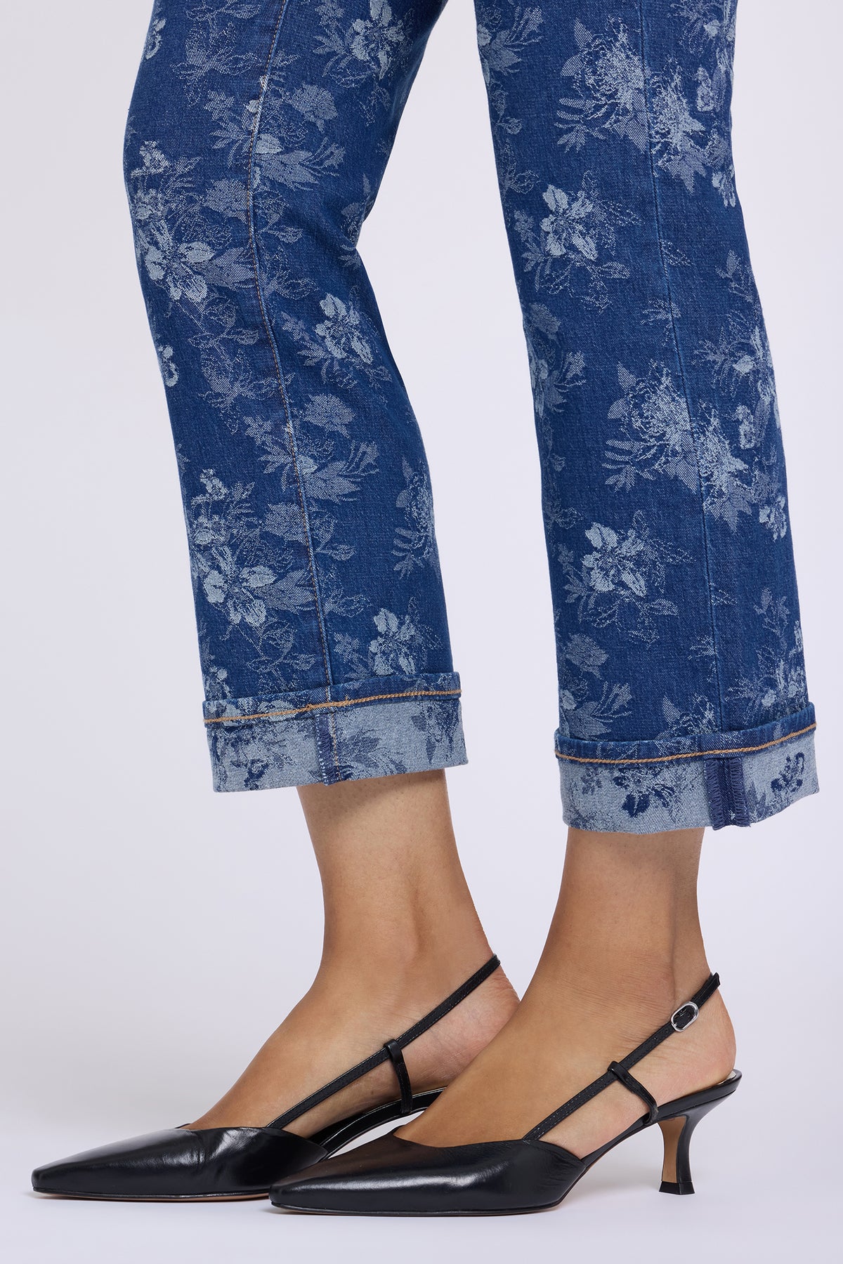 NYDJ Marilyn Straight Ankle Jeans With Cuffs - Floral Jacquard Indigo
