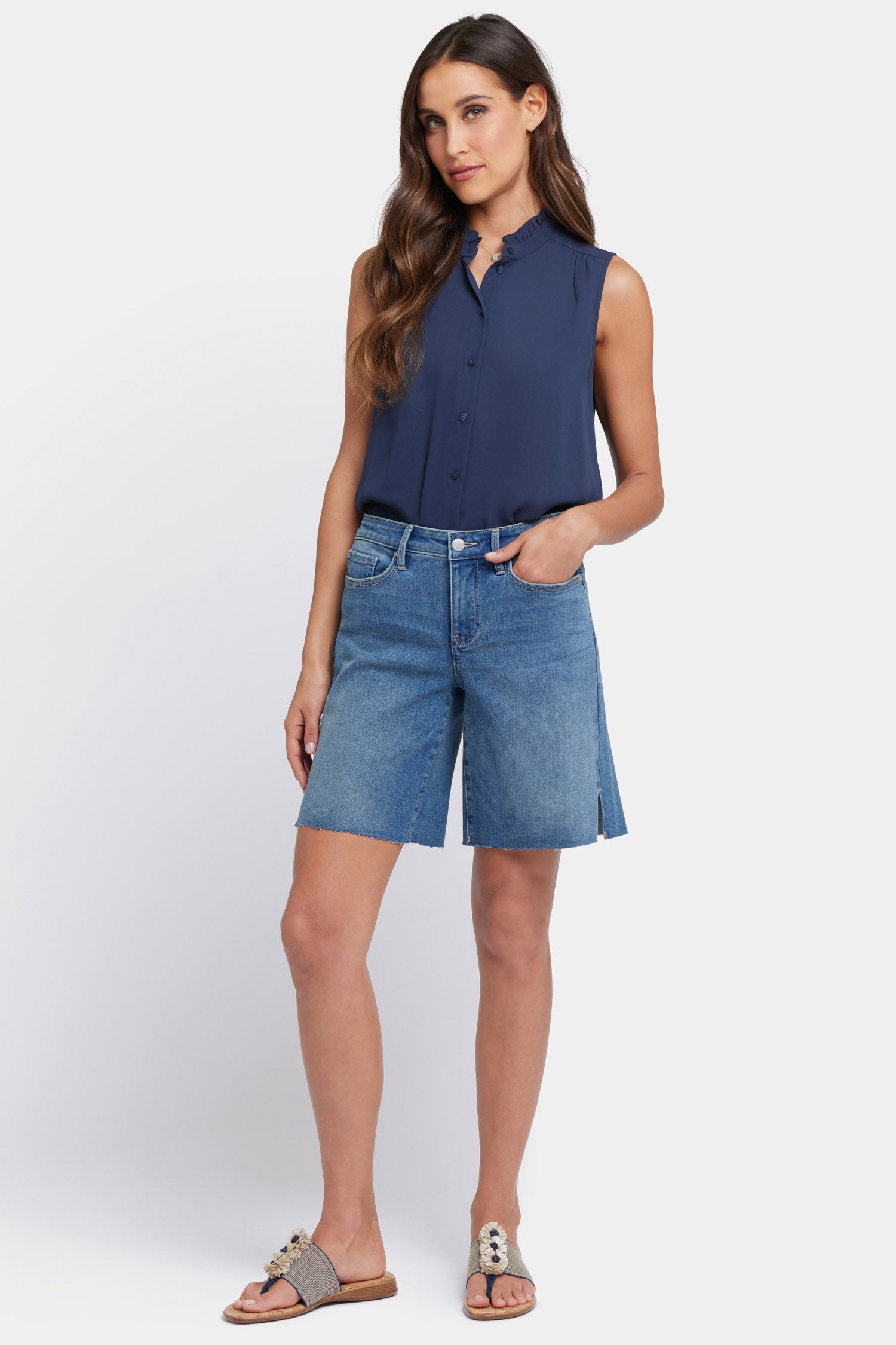 NYDJ Naomi Relaxed A-Line Denim Shorts With Side Slits And Raw Hems - Costa Brava