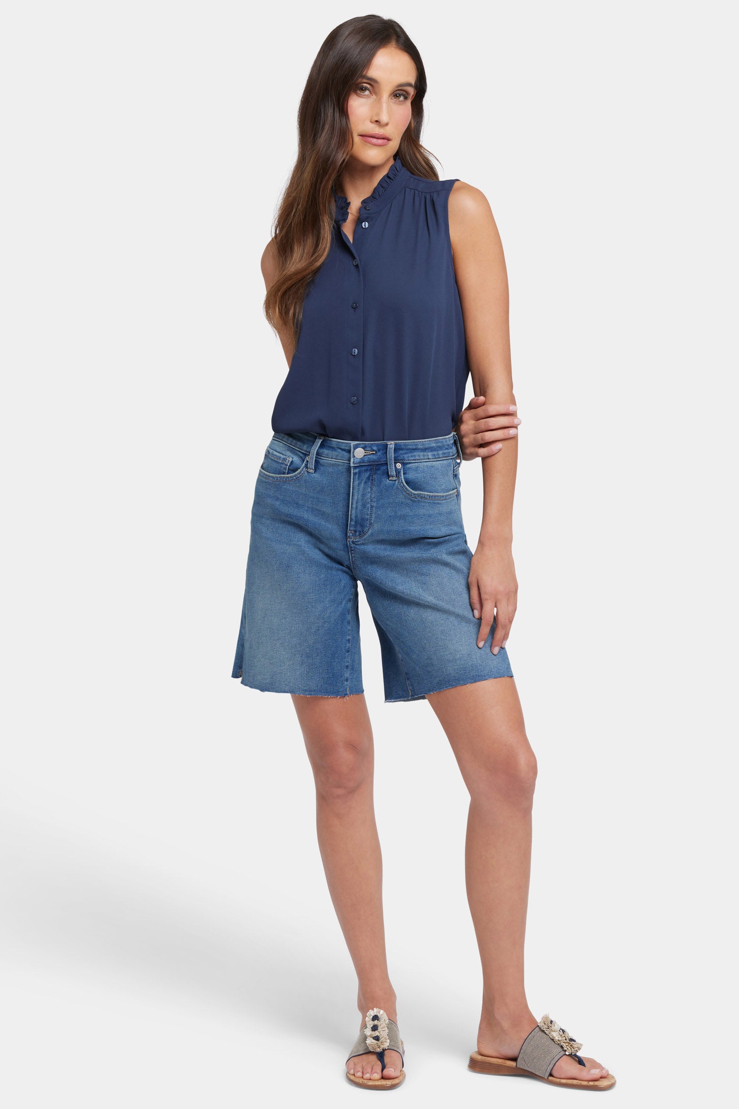 NYDJ Naomi Relaxed A-Line Denim Shorts With Side Slits And Raw Hems - Costa Brava