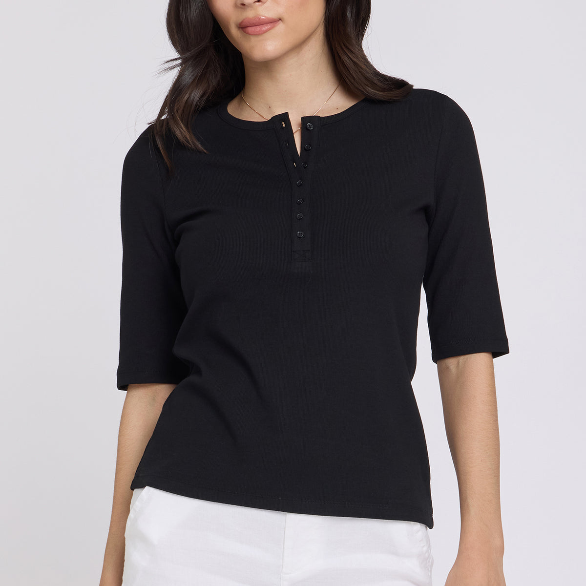 Ribbed Elbow Sleeved Henley - Black
