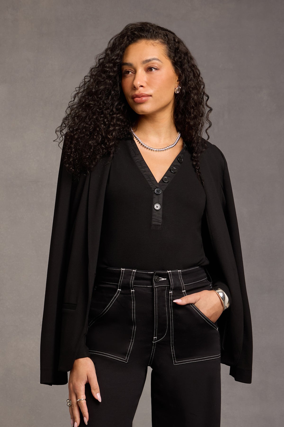 NYDJ Emery Ribbed Henley  - Black