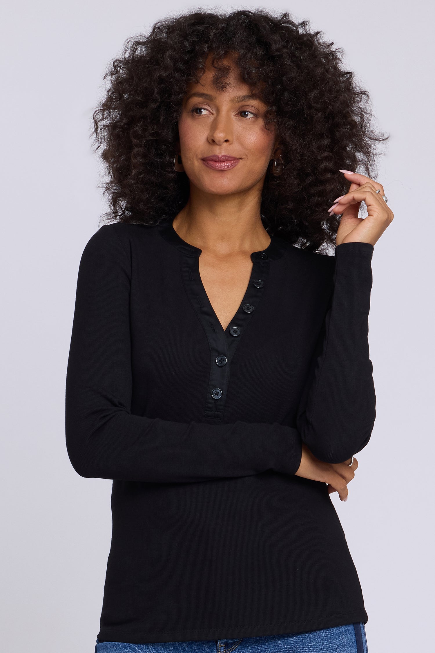NYDJ Emery Ribbed Henley  - Black
