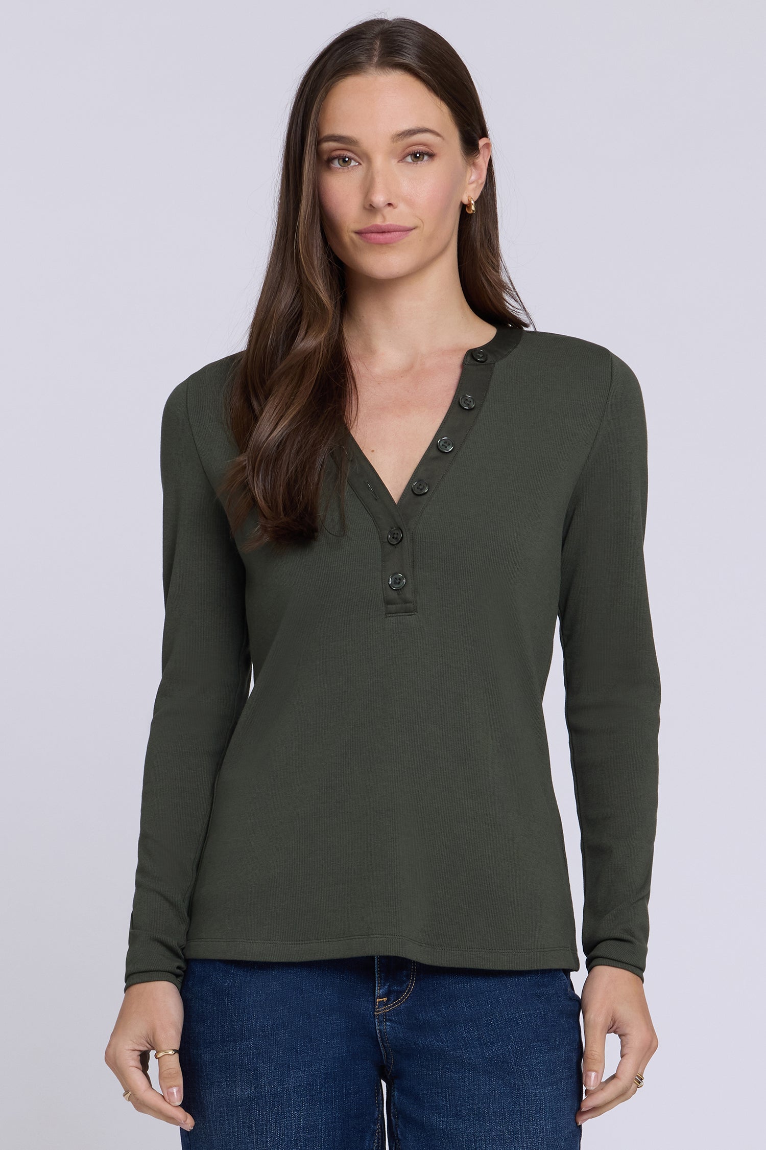 NYDJ Emery Ribbed Henley  - True Olive