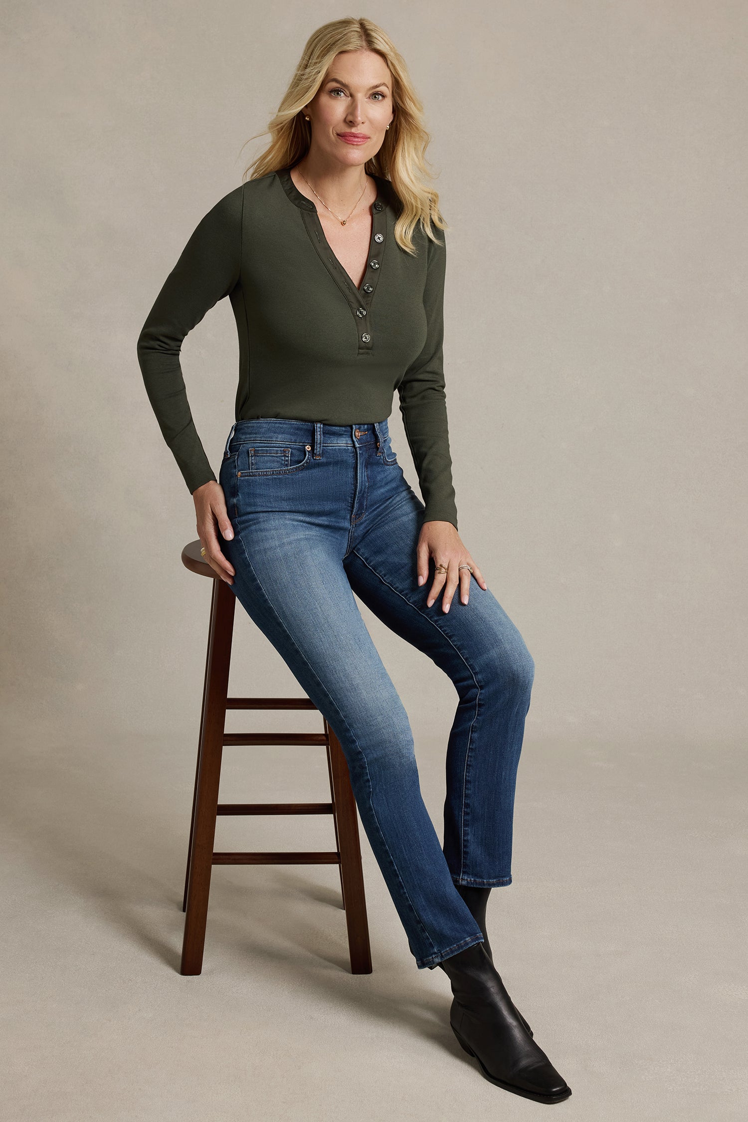 NYDJ Emery Ribbed Henley  - True Olive