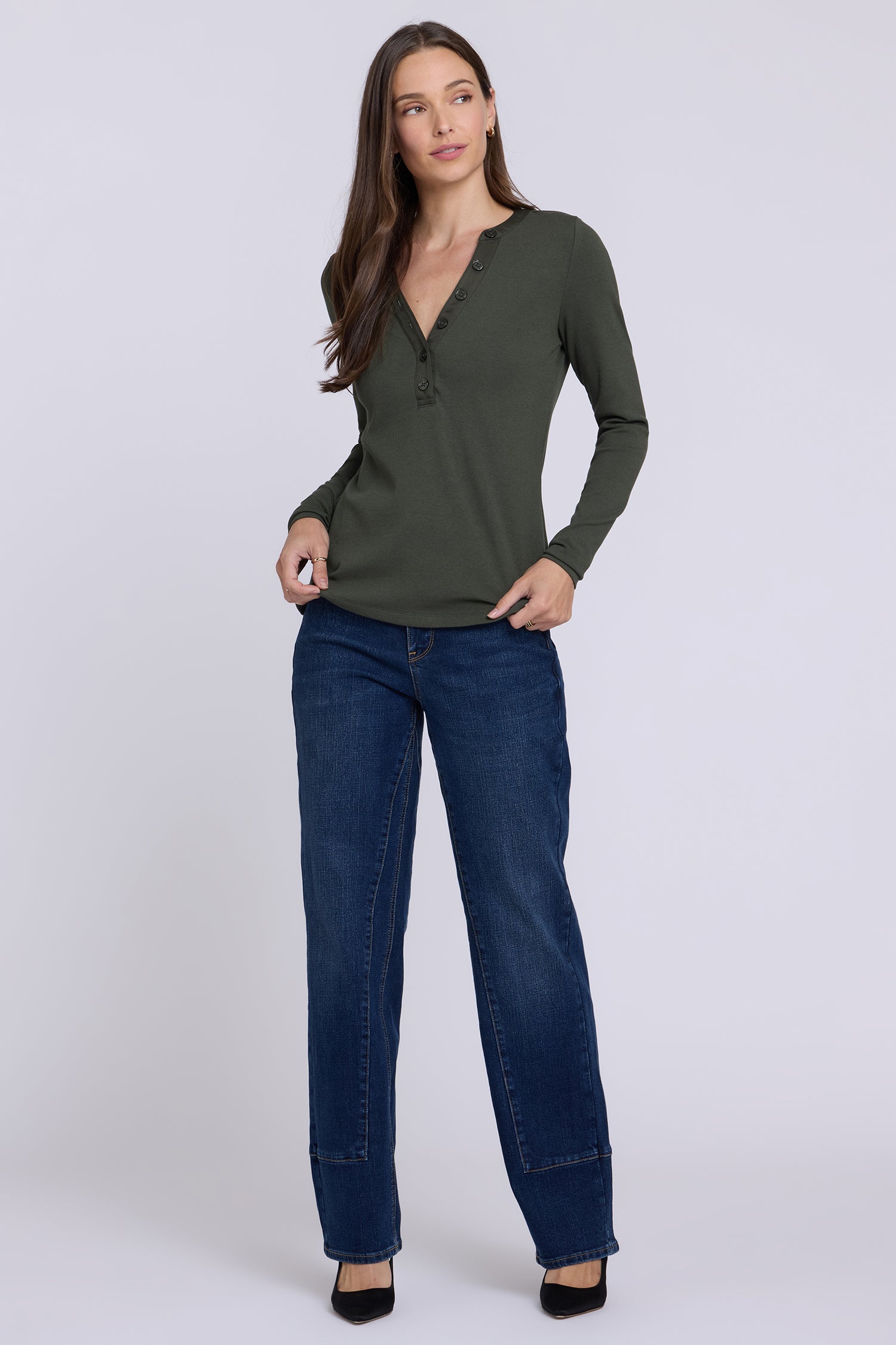 NYDJ Emery Ribbed Henley  - True Olive