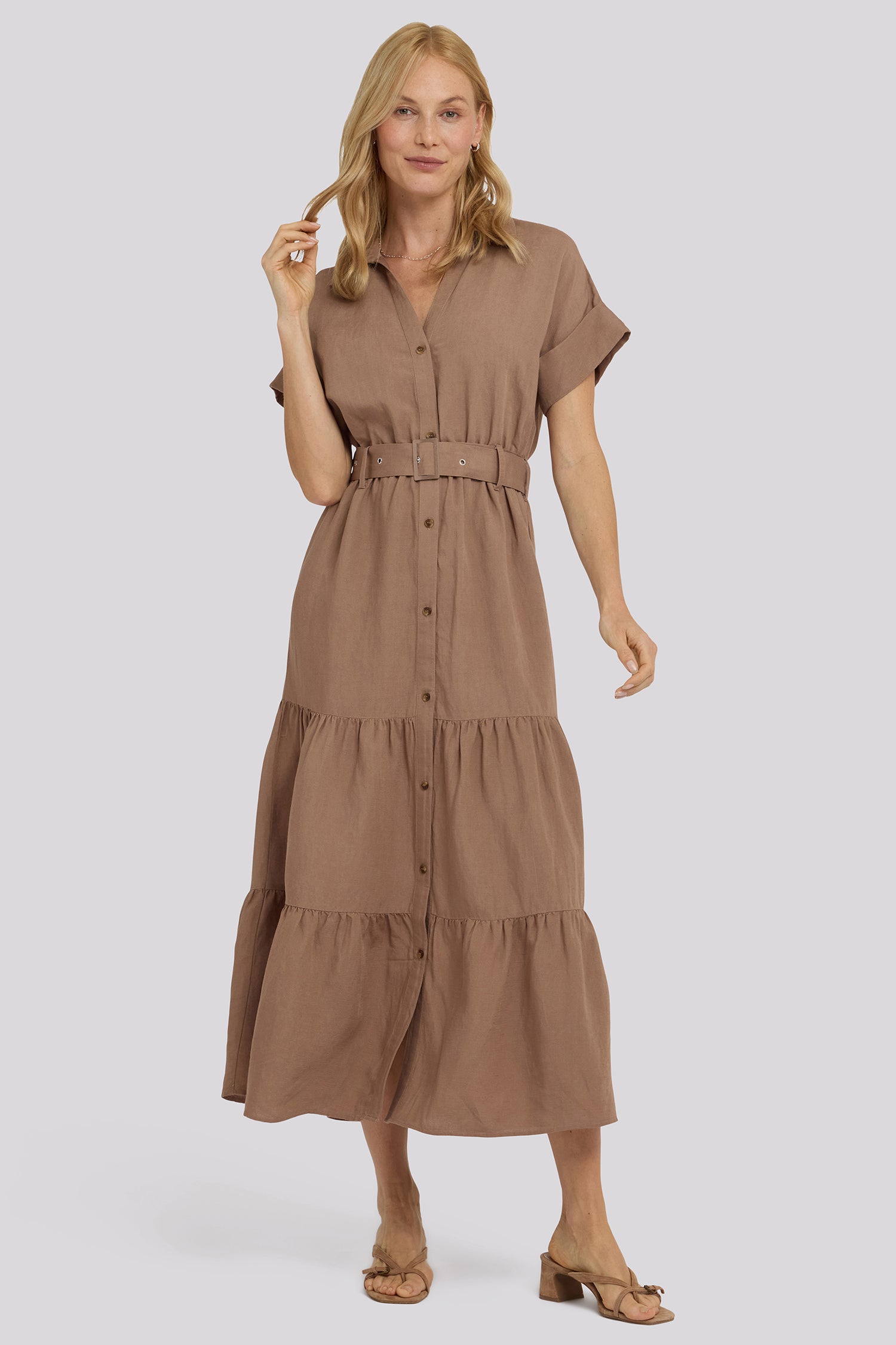 Belted Tiered Shirtdress In Linen - Toasted Coconut Tan | NYDJ
