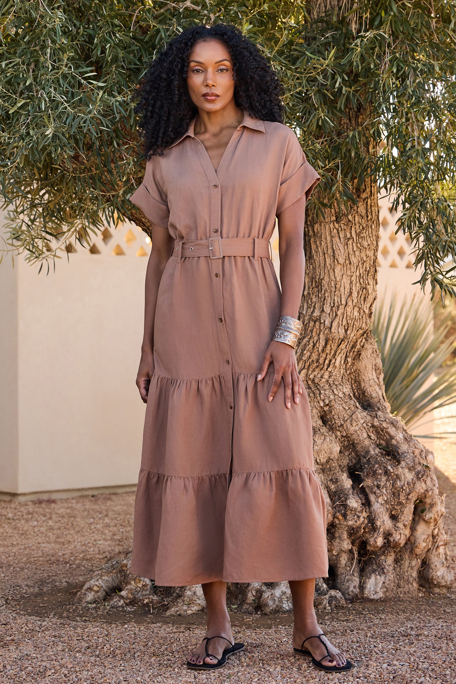 NYDJ Women's Belted Tiered Shirtdress in Toasted Coconut, Regular, Size: Small