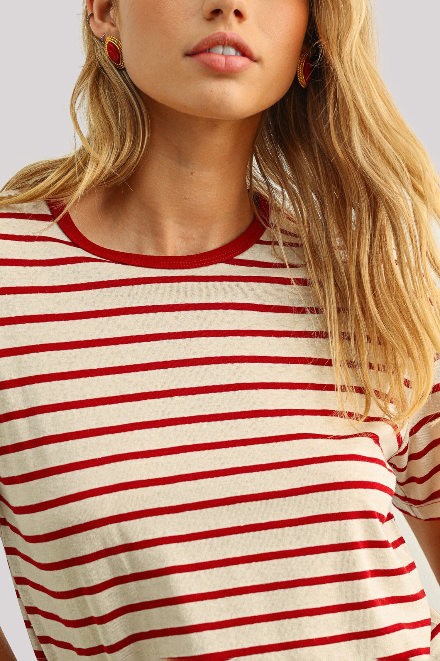 NYDJ Striped Ringer Tee In Stretch Linen - Red Stripe