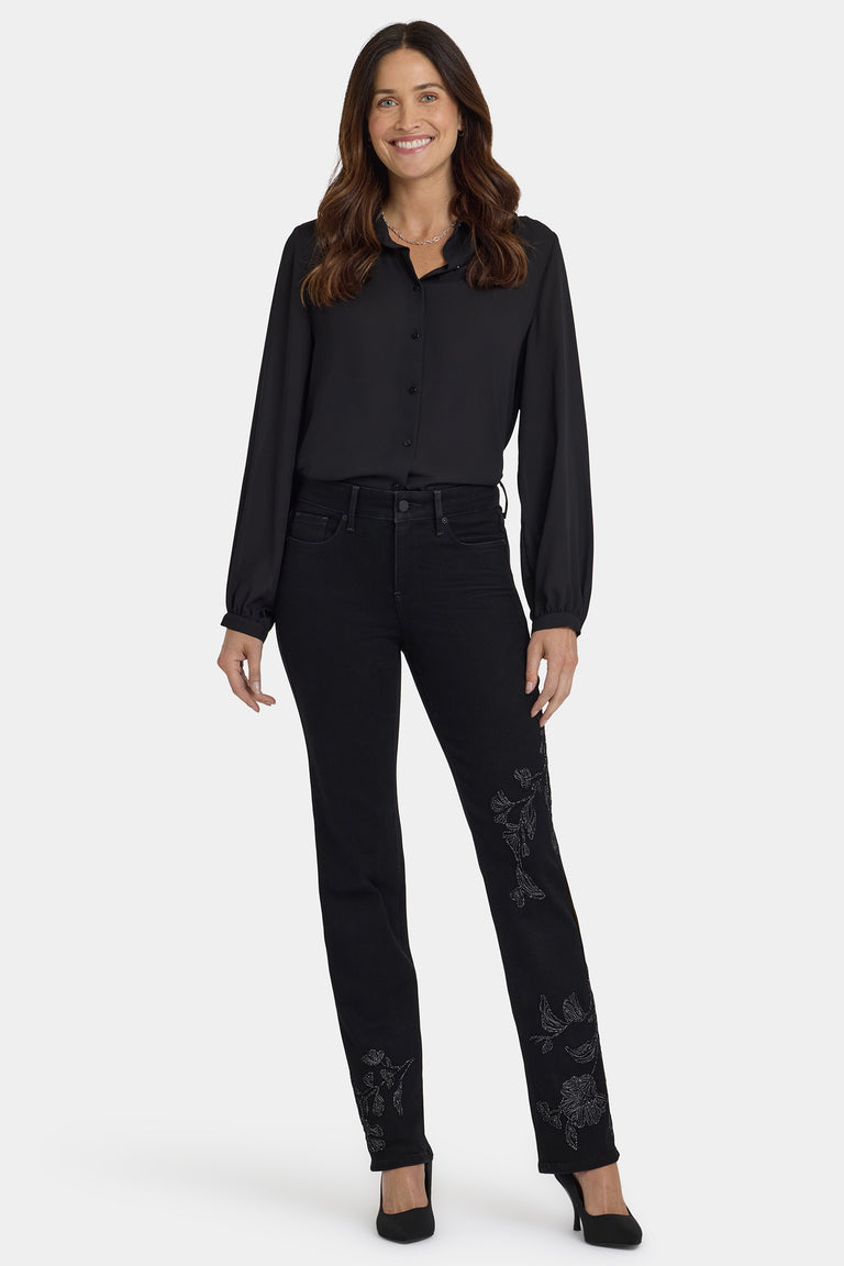 NYDJ Marilyn Straight Jeans With Embroidery - Black Rinse