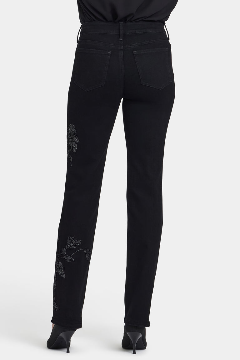 NYDJ Marilyn Straight Jeans With Embroidery - Black Rinse