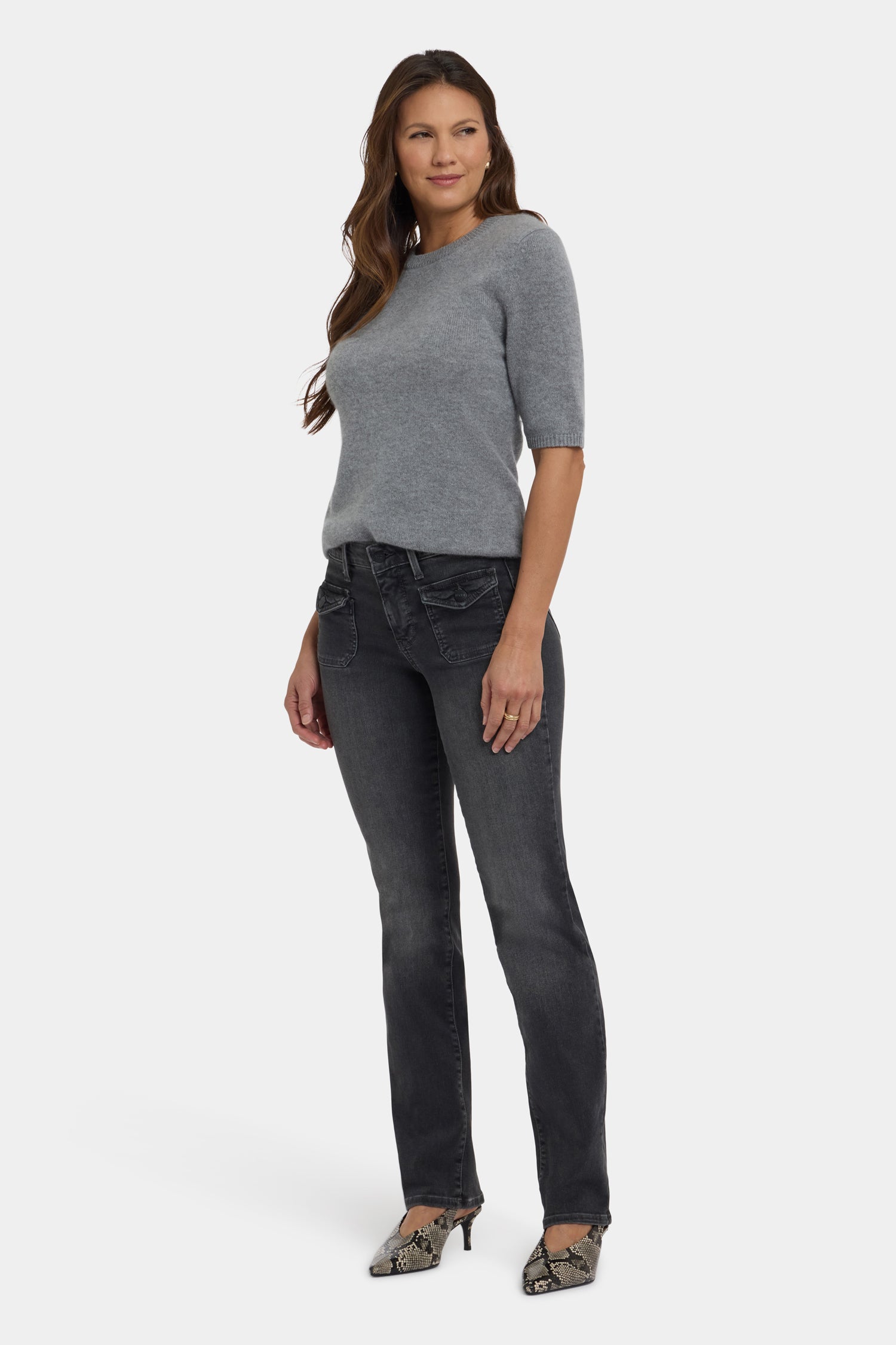 NYDJ Marilyn Straight Jeans With Front Button Flap Pockets - Gloomy Marais