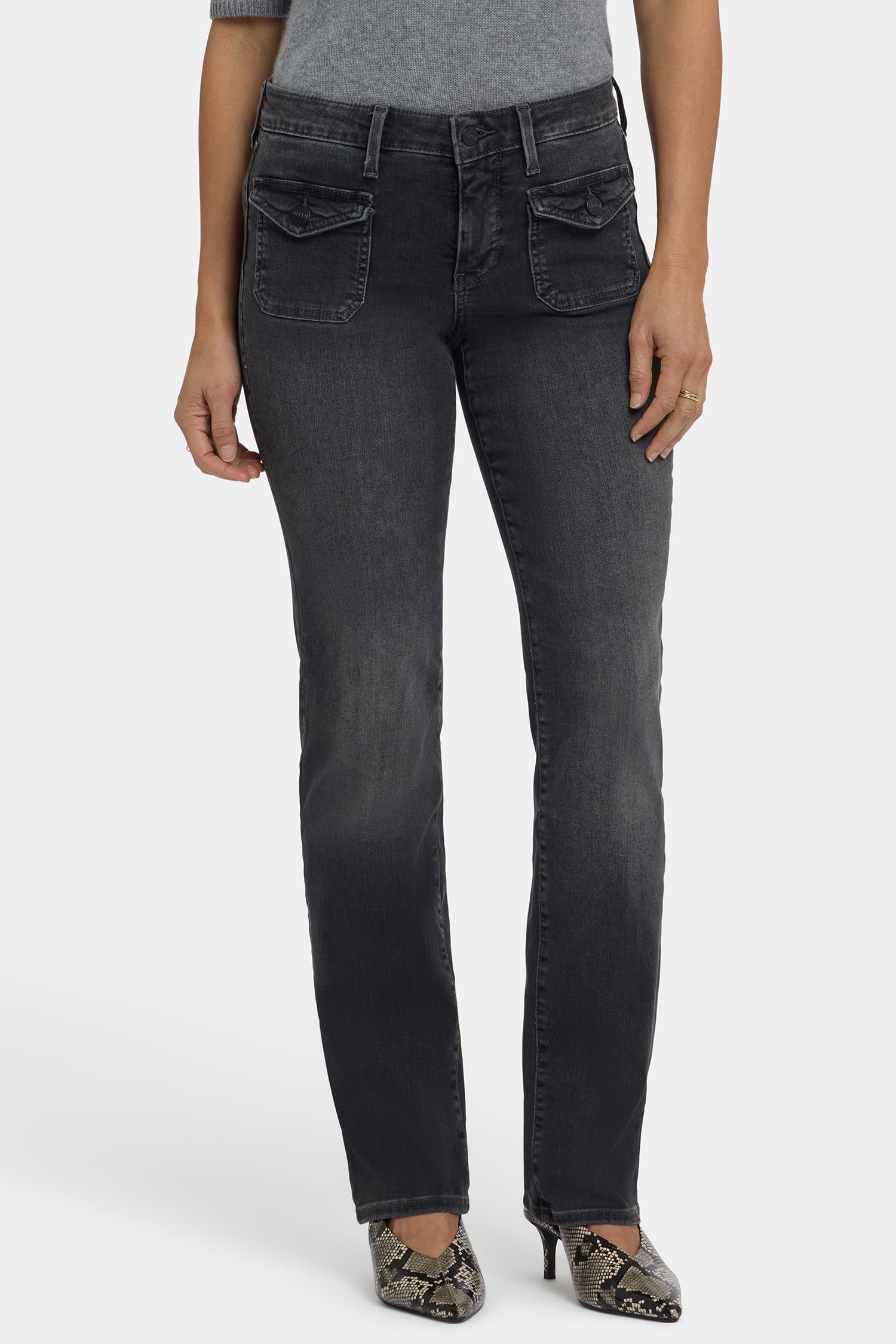 NYDJ Marilyn Straight Jeans With Front Button Flap Pockets - Gloomy Marais